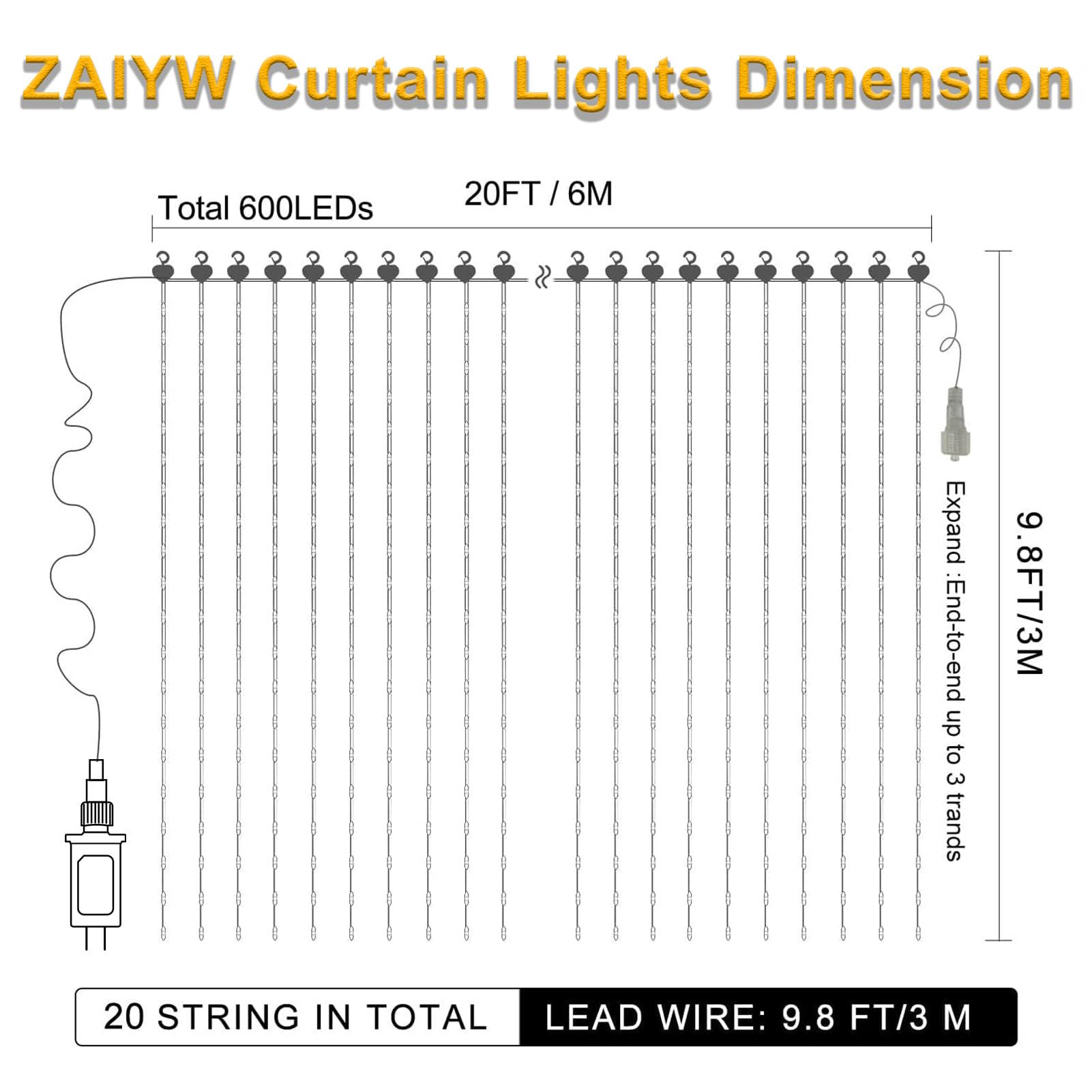 ZAIYW 600 LED Curtain Lights, 20Ft x 10Ft, Dual Color Changing, Waterproof, Warm White & Multicolor, Model DMO-300 for Outdoor Decor
