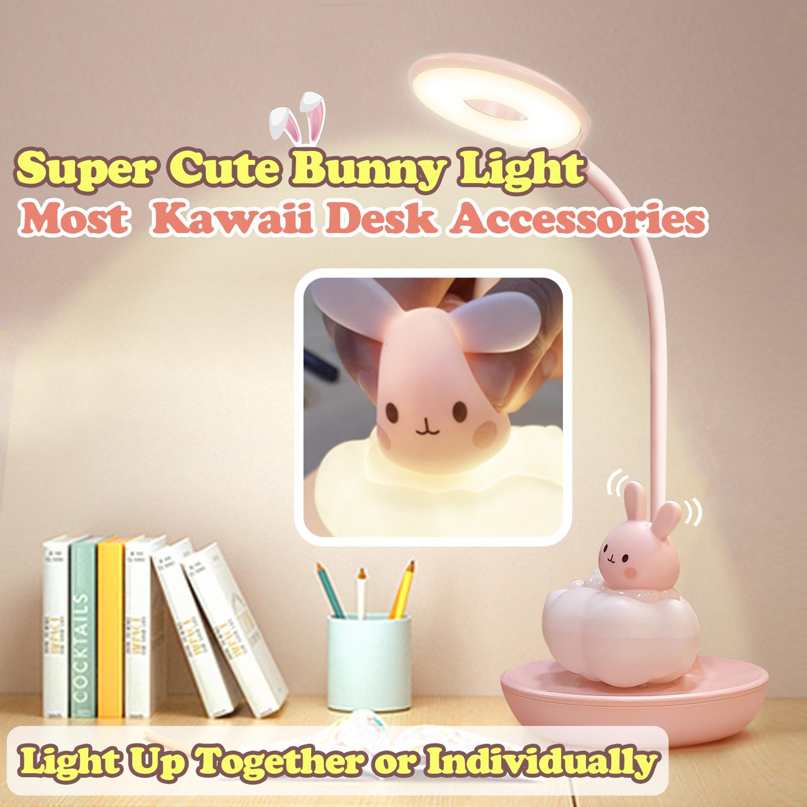Comprafun Kids Desk Lamp Pink, Dimming Desk Lamp For Girls With Exclusive Cartoon Look, Cute Night Light For Kids Bedroom, Eye-Caring Led Portable Reading Lamp For Child, Unique Gift (Pink Rabbit)