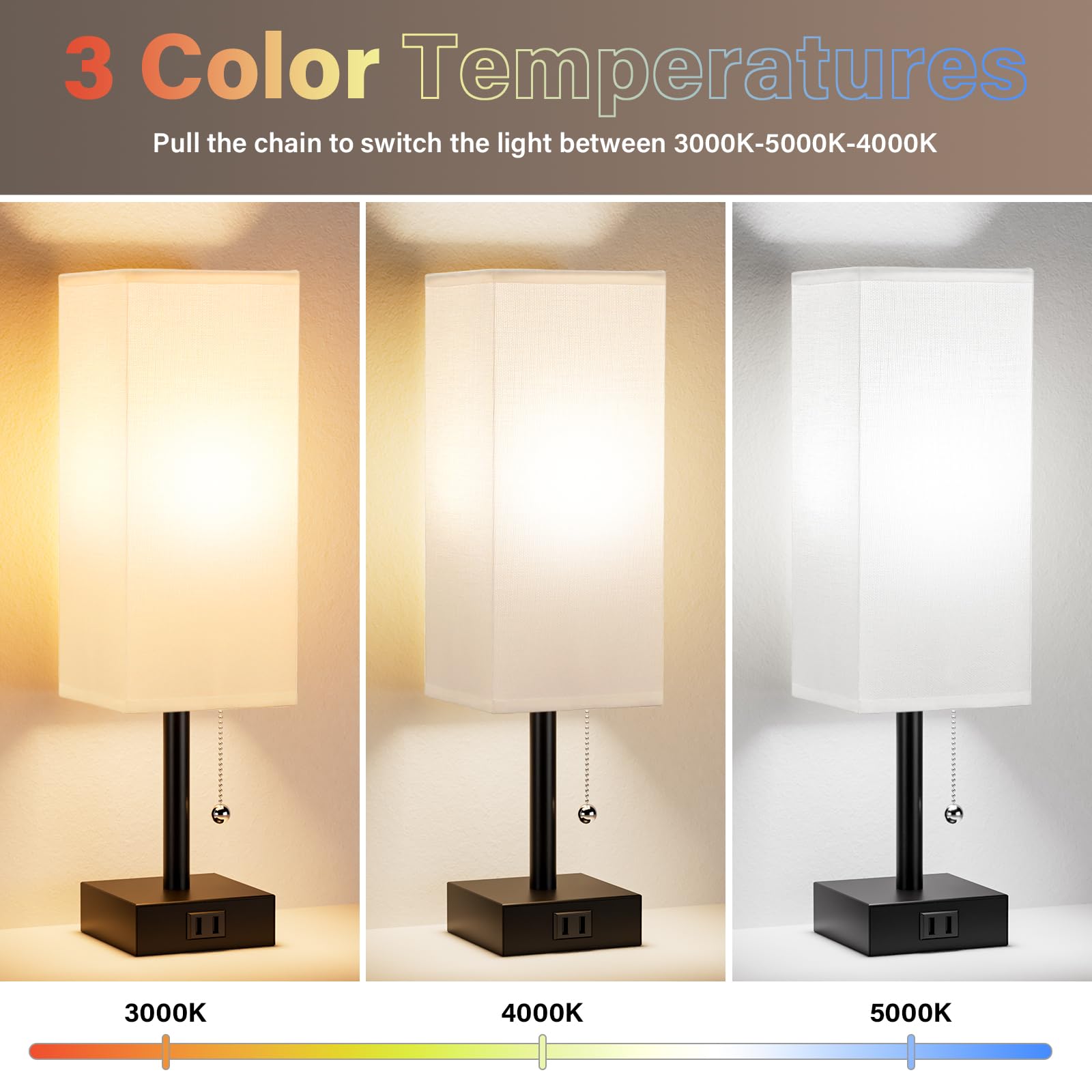 White Bedside Lamps For Bedroom Set Of 2 - Small Rectangular Nightstand Lamp With Ac Outlet Charging Port, 3 Color Temperatures