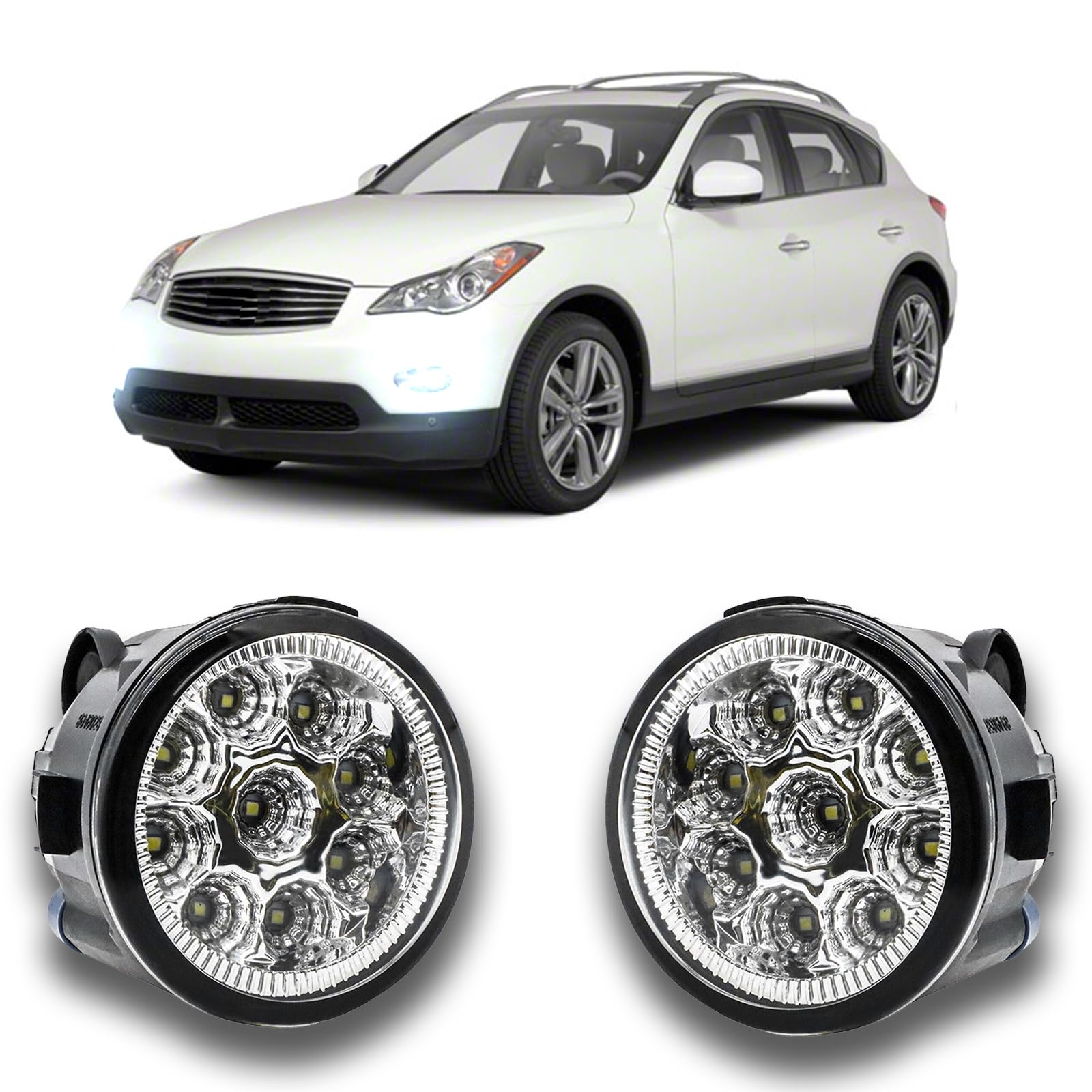 qobsos LED Fog Light Assembly, 55W 6000K White, Plug and Play, Standard Size, Black, Model R-35-01, Pair for Infiniti EX35 2008