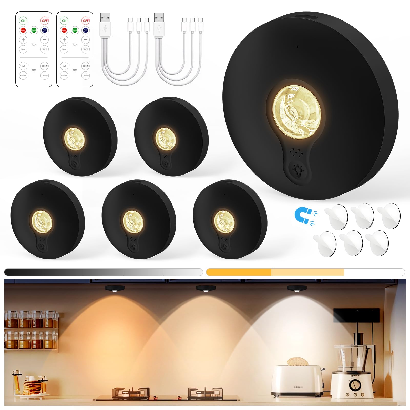 Yiliaw Rechargeable Puck Lights with Remote, 6 Pack Magnetic Under Cabinet Lighting, 1500mAh Battery Operated LED Tap Lights wit