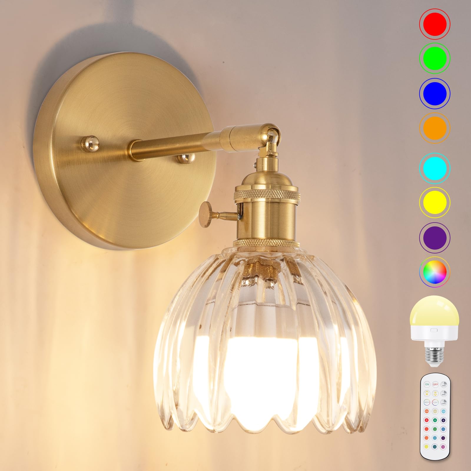 EIDEARAY Battery Operated Wall Sconce, Vintage Tulip Transparent Glass, Rechargeable, Remote Control, Model YLC-BRO3TB
