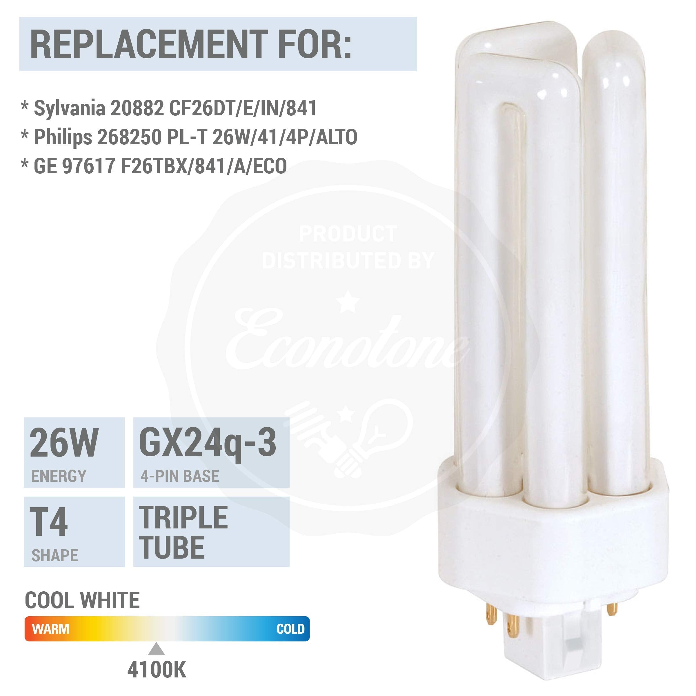 Kor (4 Pack) K20788 - Pl26W/3U/4P/841 - Compact Fluorescent Plug-In - T4 - Triple Tube - 26 Watt - 4-Pin (Gx24Q-3) - 4,100 Kelvin (Cool White)