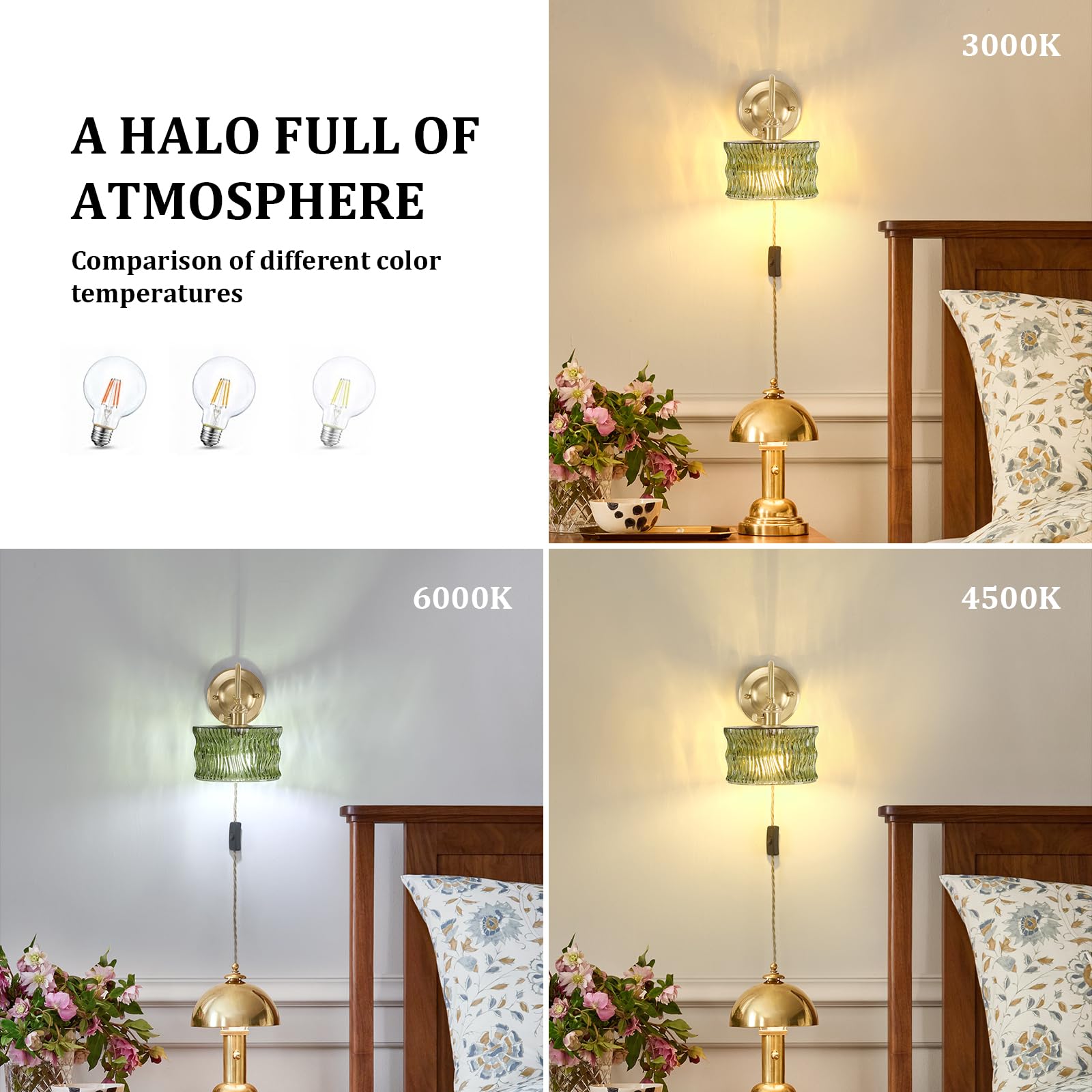 Shenmoyl Wall Sconce Set of 2, Gold Vintage Indoor Lamp with Green Ripple Glass Shade, 2 Light Plug in, Model 1-93724-wlamp