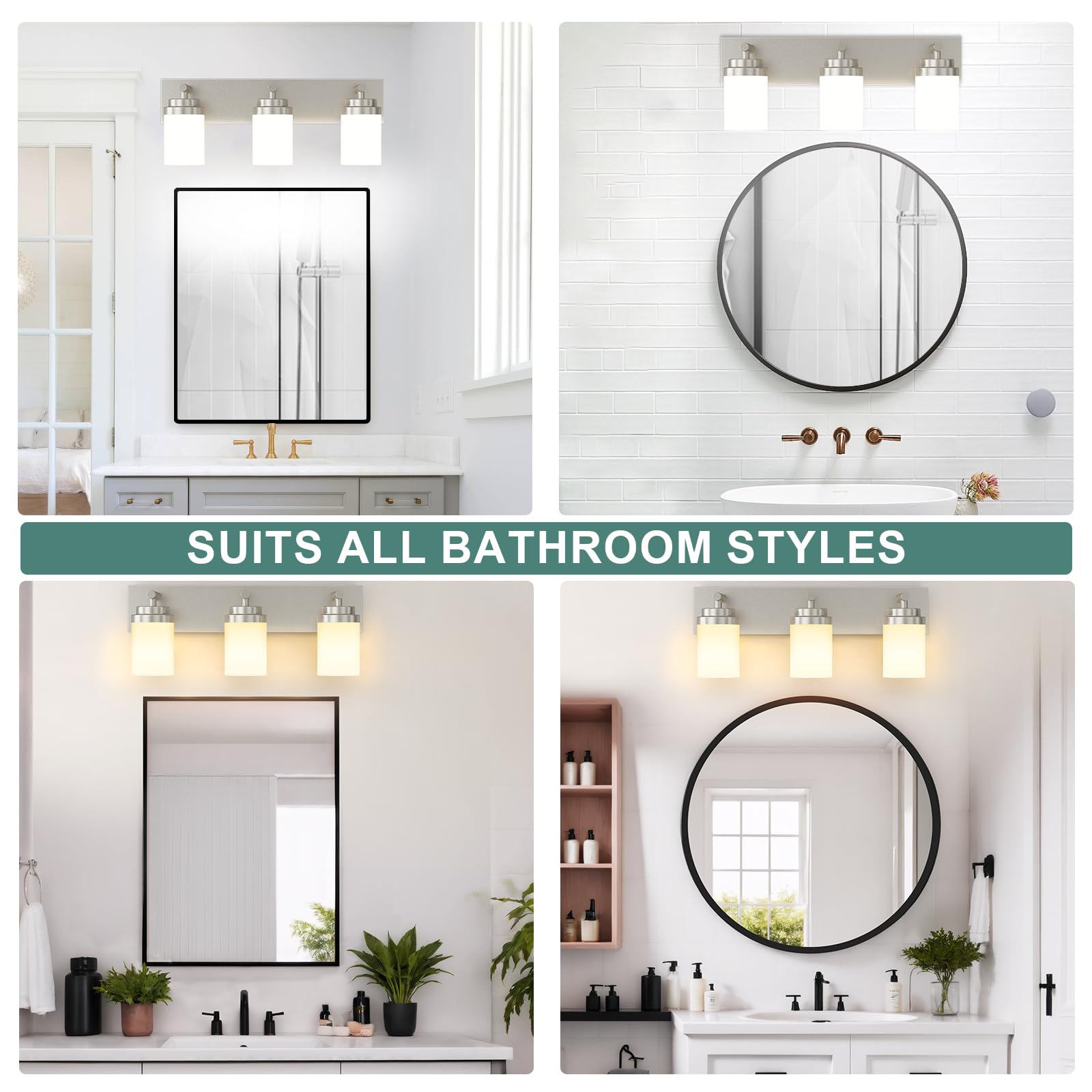 Izorro Bathroom Vanity Light Fixture  3-Light 22 Inch Brushed Nickel Bathroom Light Fixtures Over Mirror  With White Glass Shade  Modern Farmhouse Vanity Lights  Rustic Restroom Lighting Fixtures