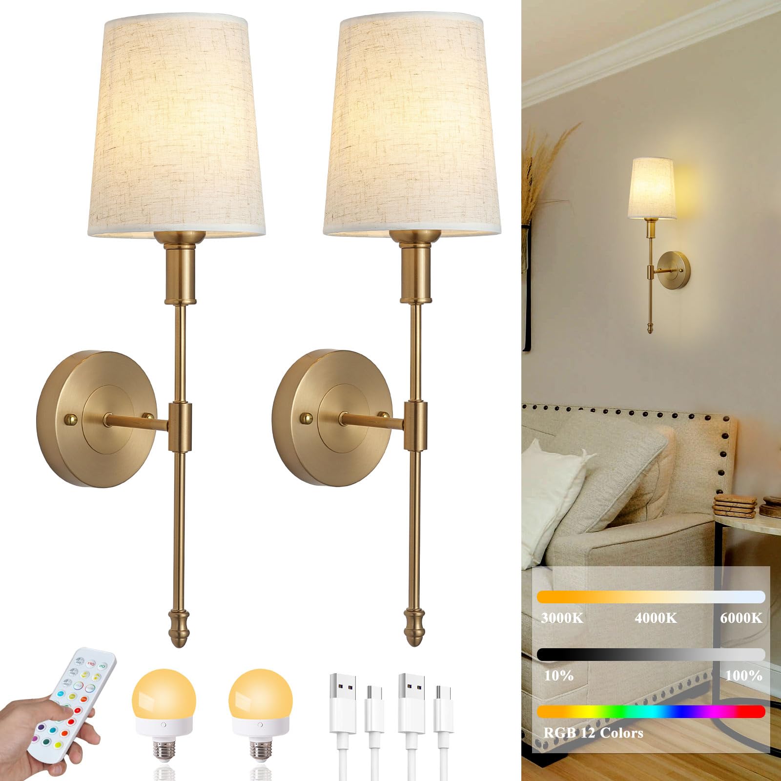 Hotran Battery Operated Wall Sconce Set Of Two,Gold Wireless Modern With Remote Control Rechargeable Dimmable Wall Lighting Indo