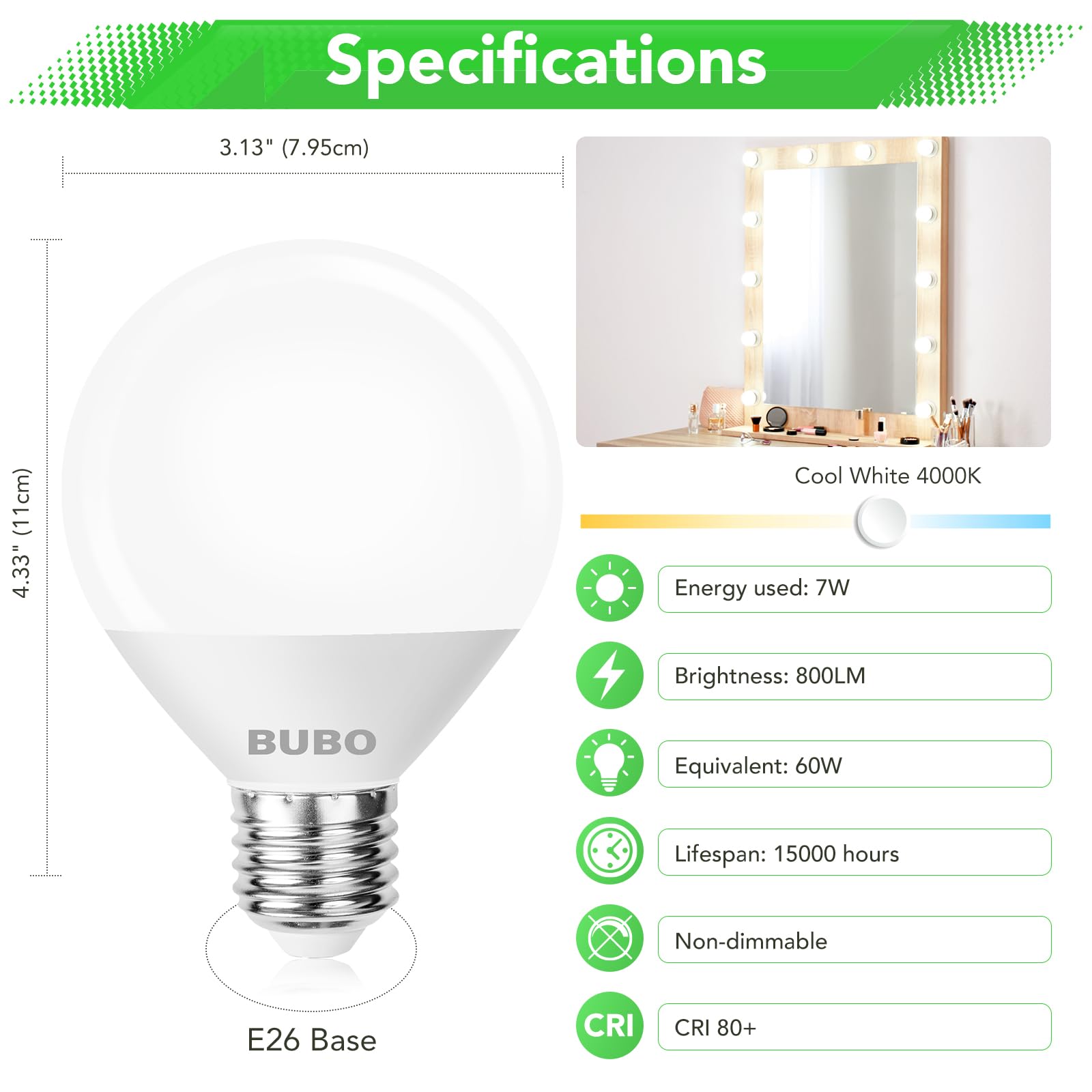 Bubo Vanity Light Bulbs 60 Watt Equivalent, Bathroom Light Bulbs Cool White 4000K, G25 Globe Round Light Bulb 800 Lumens, E26 Me