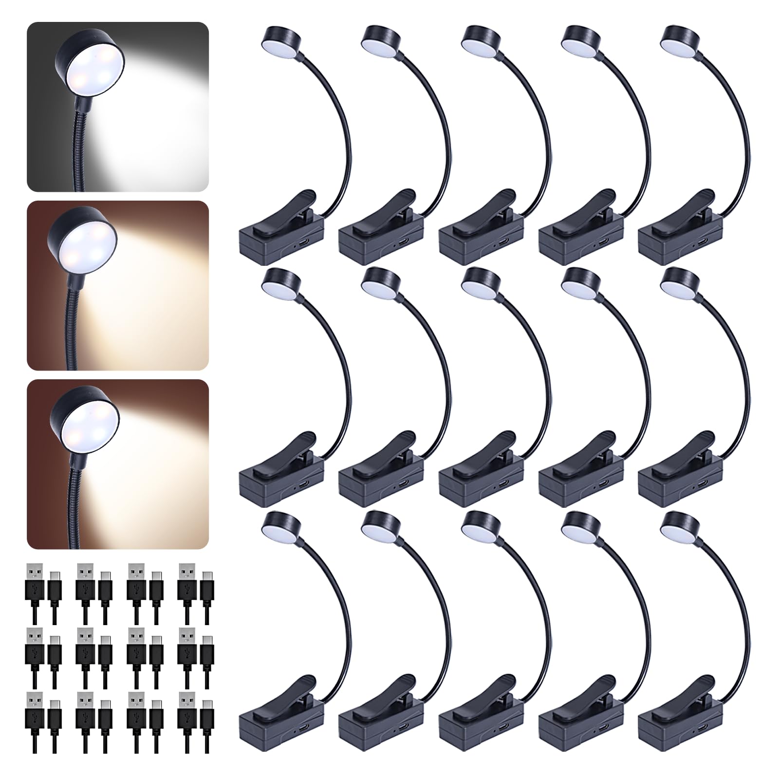 KunHe 15 Pack Rechargeable Book Light Bulk Clip-On Reading Lights for Books in Bed Long-Lasting 3 Modes & 3 Brightness Levels Co