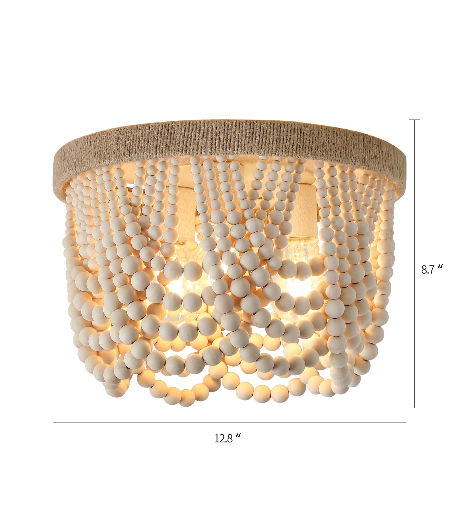 AMZASA Wood Beaded Flush Mount Ceiling Light, 3-Lights, Hemp Rope, Rustic Boho Chandelier for Bedroom, Hallway, Kitchen, Living Room