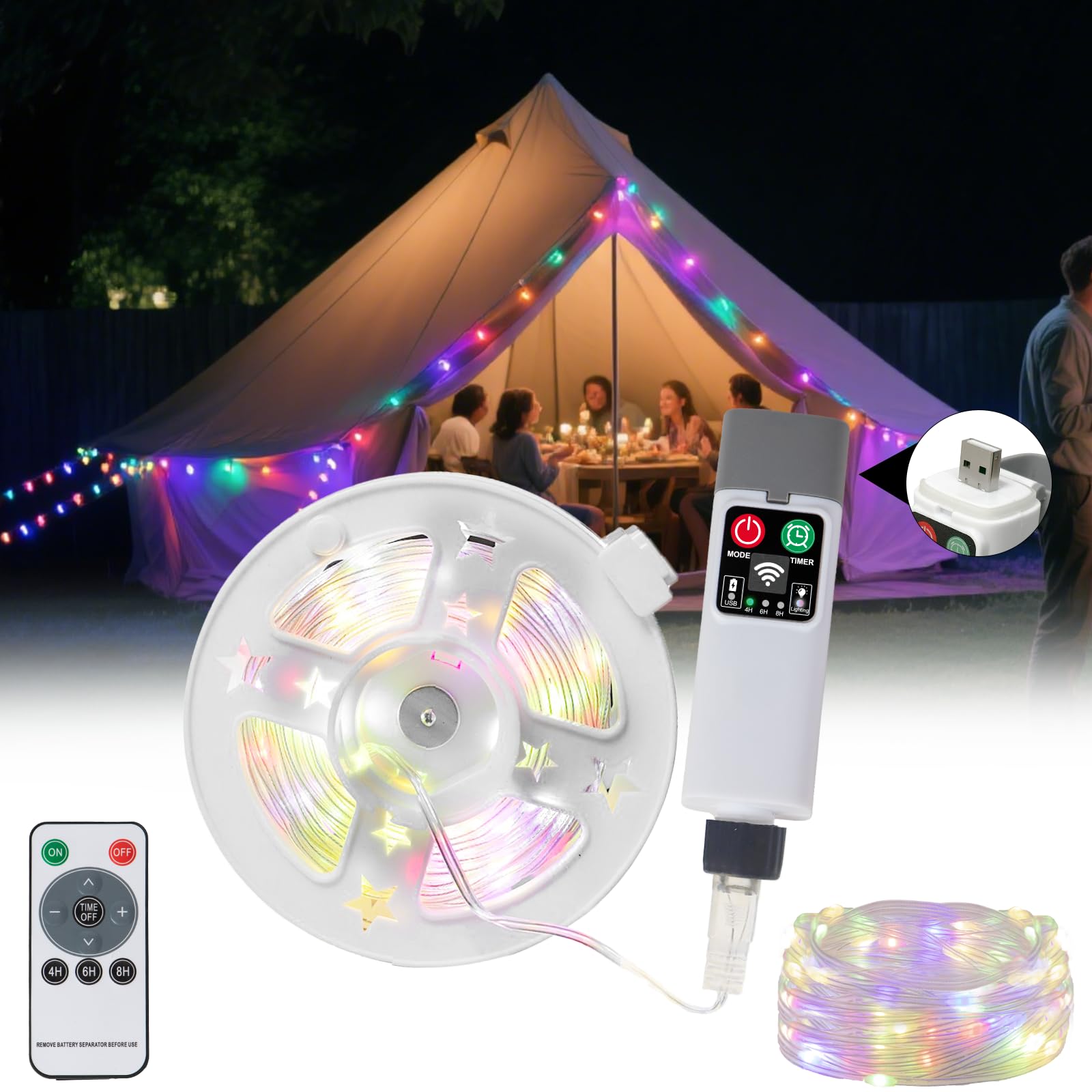 Moobibear Camping String Lights, Quick Storage, 33FT/100LED RGB Rechargeable Tent Lights String with USB 8 Lighting Modes, Hangi