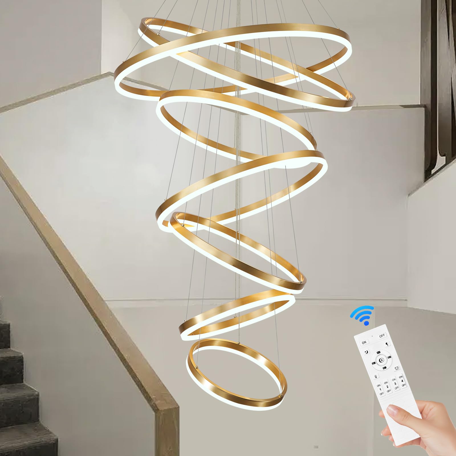 Sparklelf Modern LED Chandelier, 7 Rings 31.5in, Dimmable, Gold, Remote Control for Staircase, Entryway, Dining Room, Living Room
