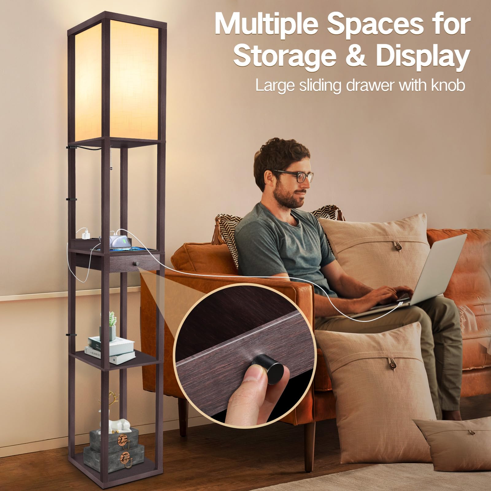 OUTON Deluxe Floor Lamp with 1 Drawer, 2 USB-C Ports, 2 AC Outlets, Wood, Walnut, Model CJD-CT-WT-03