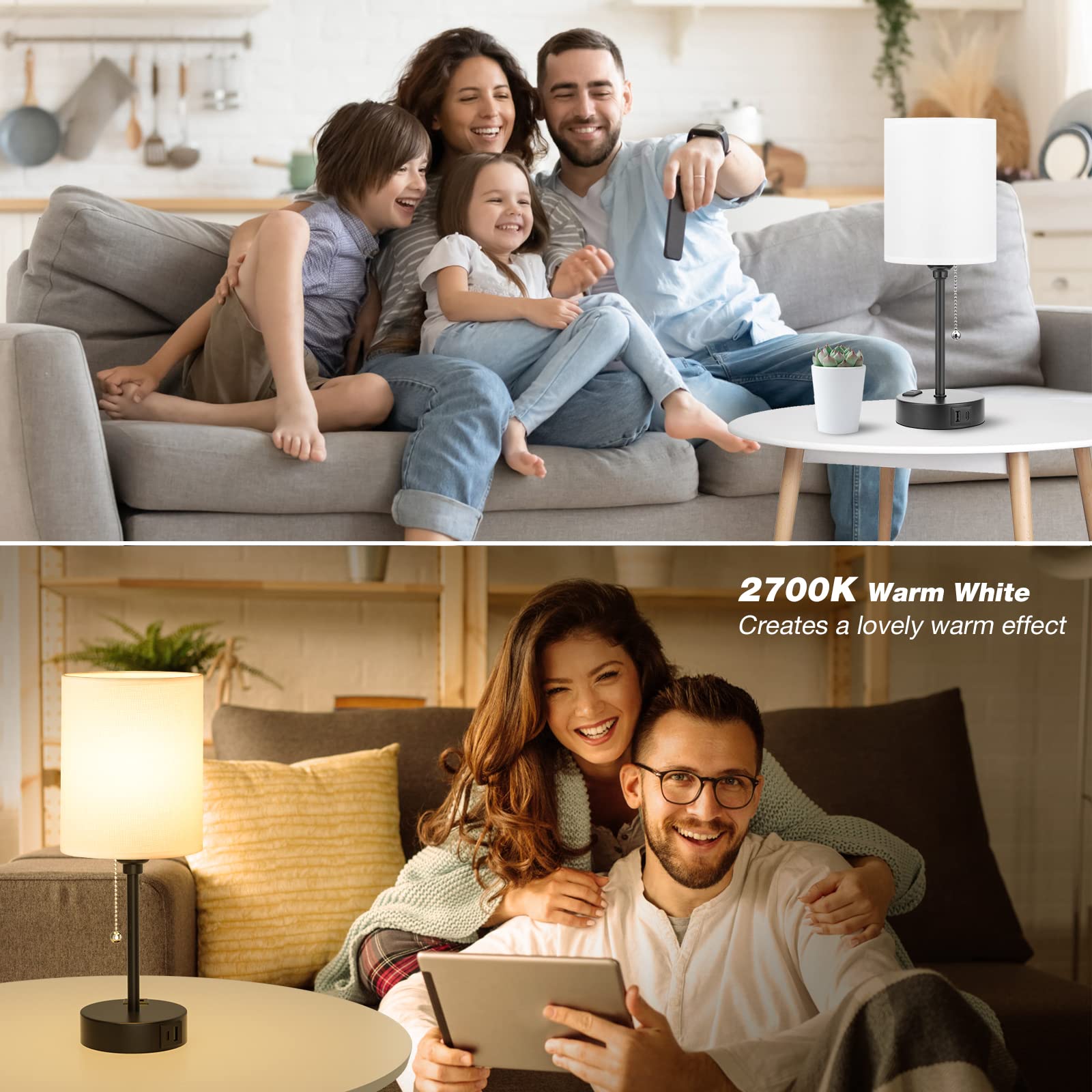 Bedside Table Lamp For Bedroom Set Of 2 - 3 Color Temperatures Small Lamps With Usb C And A Ports, Pull Chain Table Lamps With Ac Outlet, White Nightstand Lamps With Black Metal Base For Kids Reading