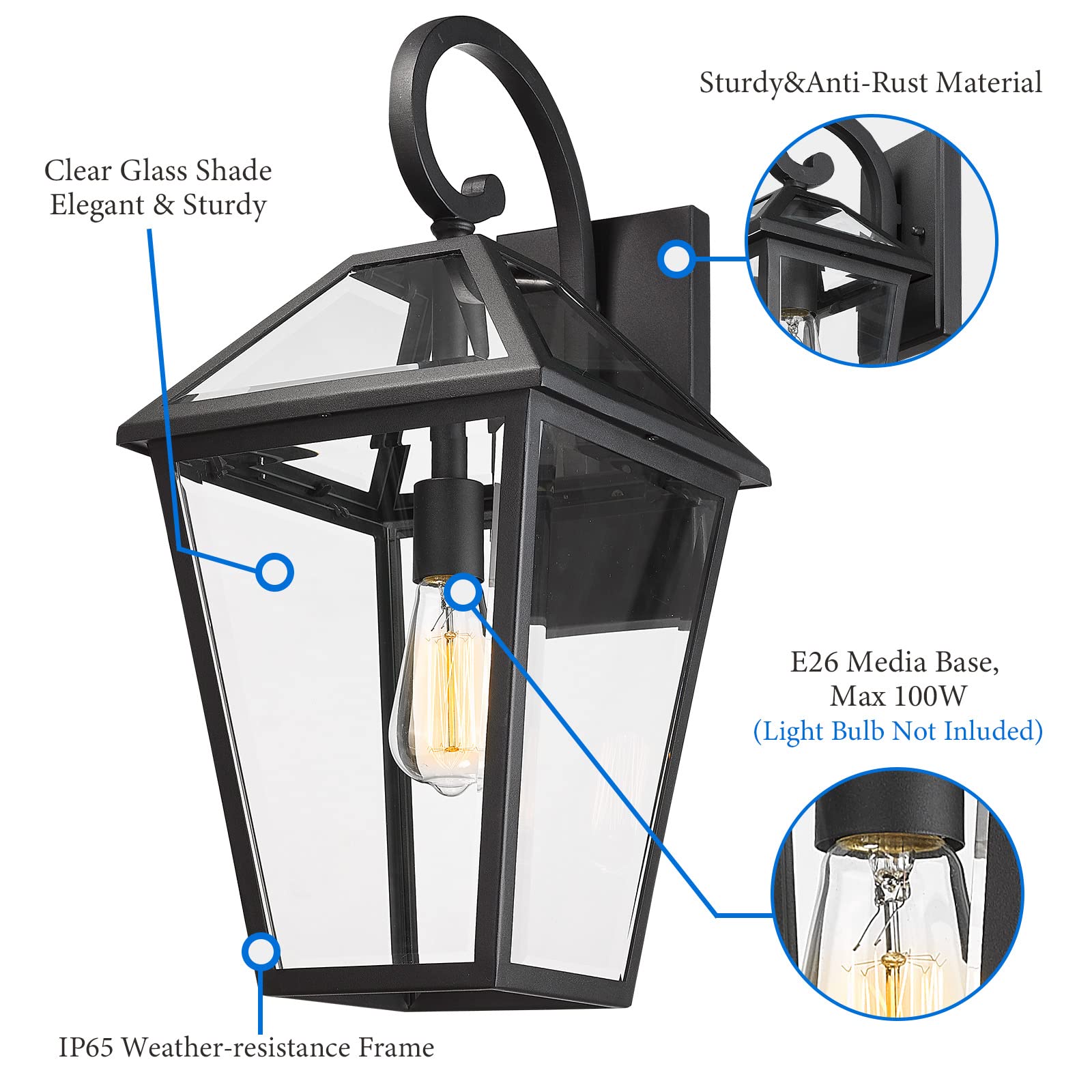 Luminzone Large Waterproof Outdoor Wall Light Fixture - Black Glass Lantern For Porch & Patio