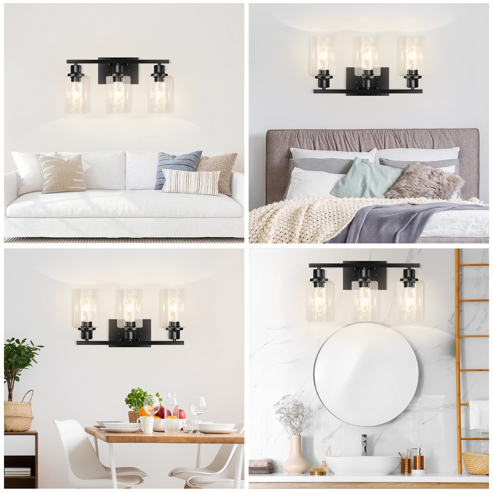 Apenath 3-Light Vanity Light, Matte Black Metal Wall Fixture, Modern Design for Bathroom, Kitchen, Hallway, Model HU-XI-201
