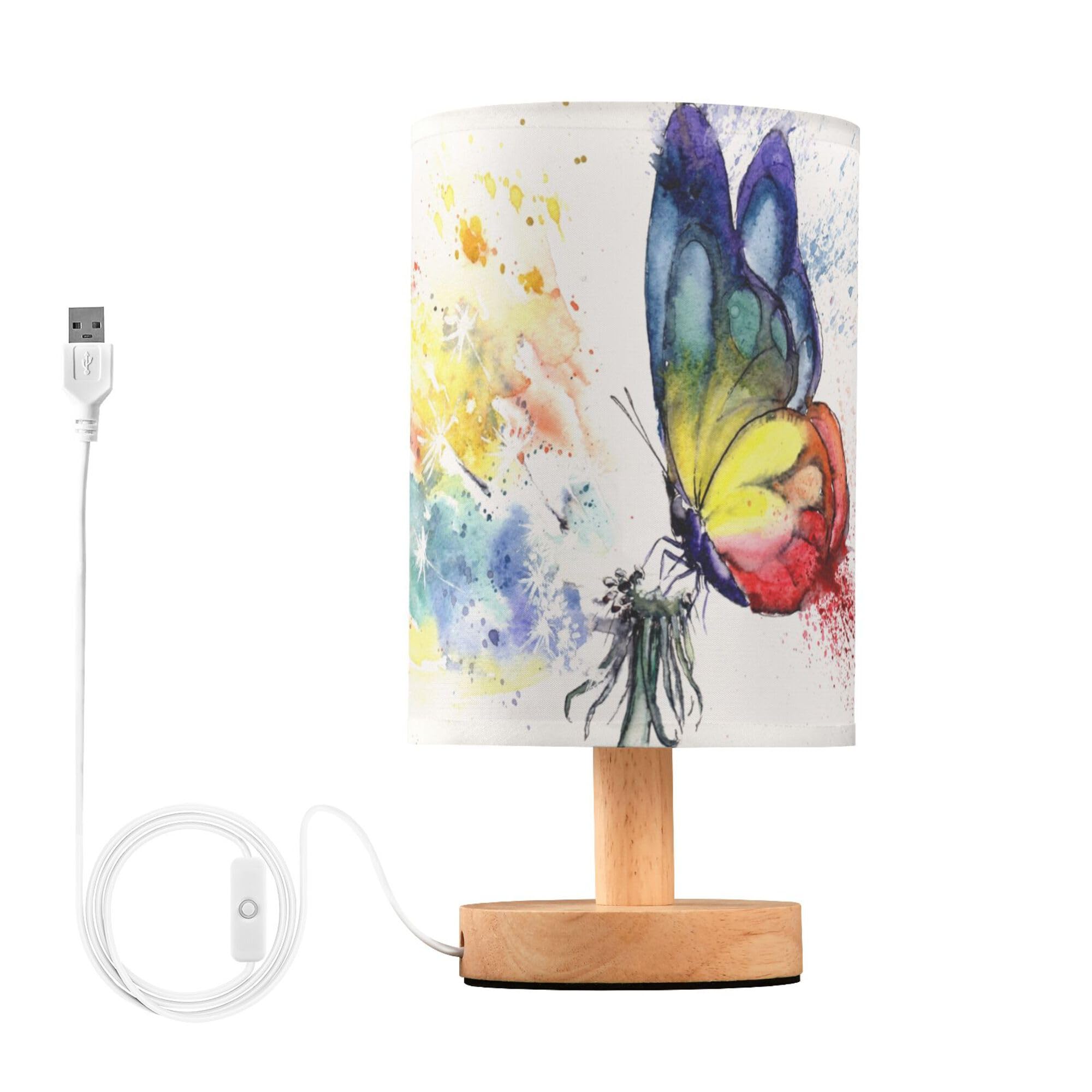 YYZZH Table Lamp Paint Butterfly Dandelion Nightstand Lamp with Wood Base Fabric Lamp Shade Bedside Desk Lamp for Living Room Be