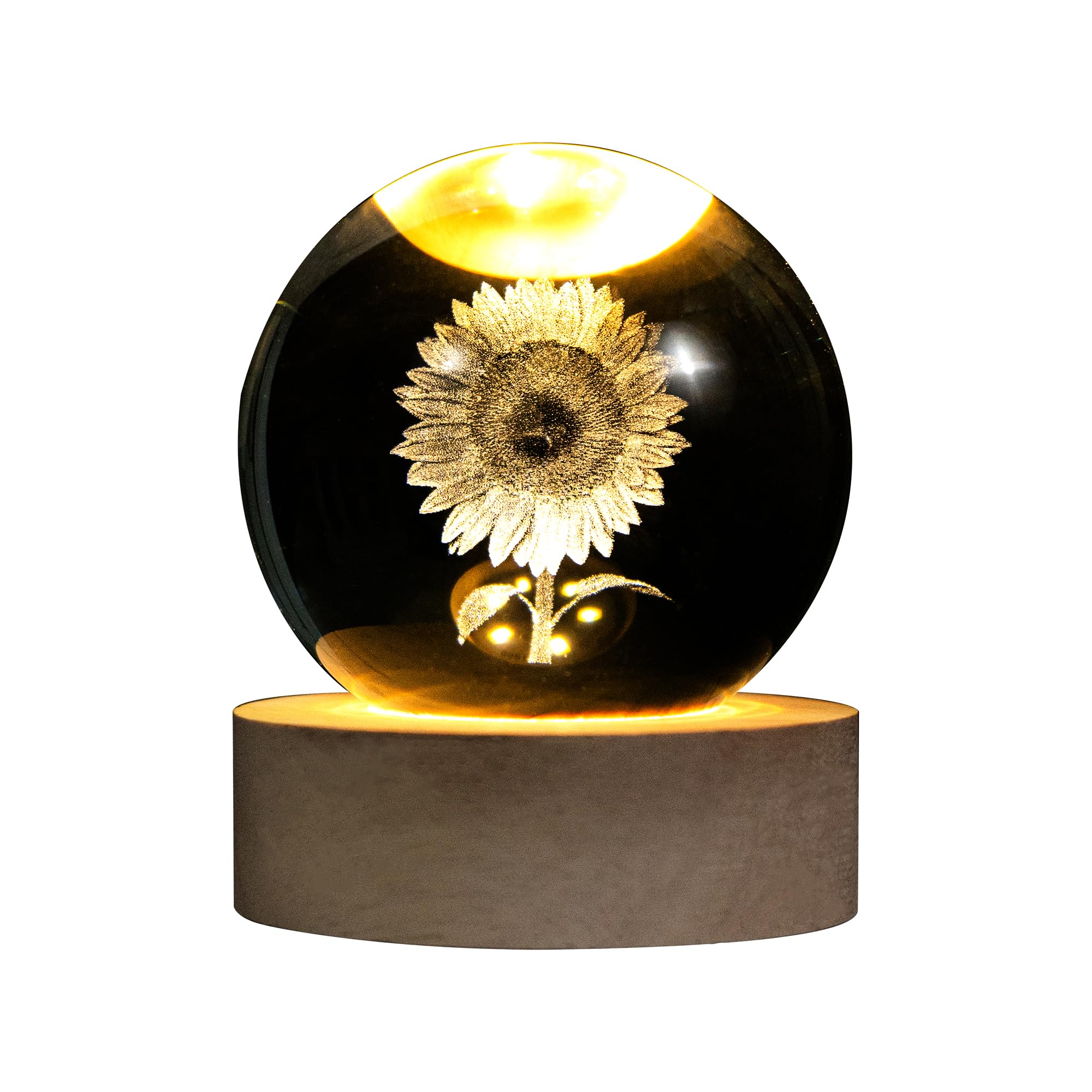 Qianchang 3D Laser Etched Sunflower Crystal Ball With Stand, 60Mm Glass Sphere Lamp Night Light, Sunflower Figurine Decor Glass 
