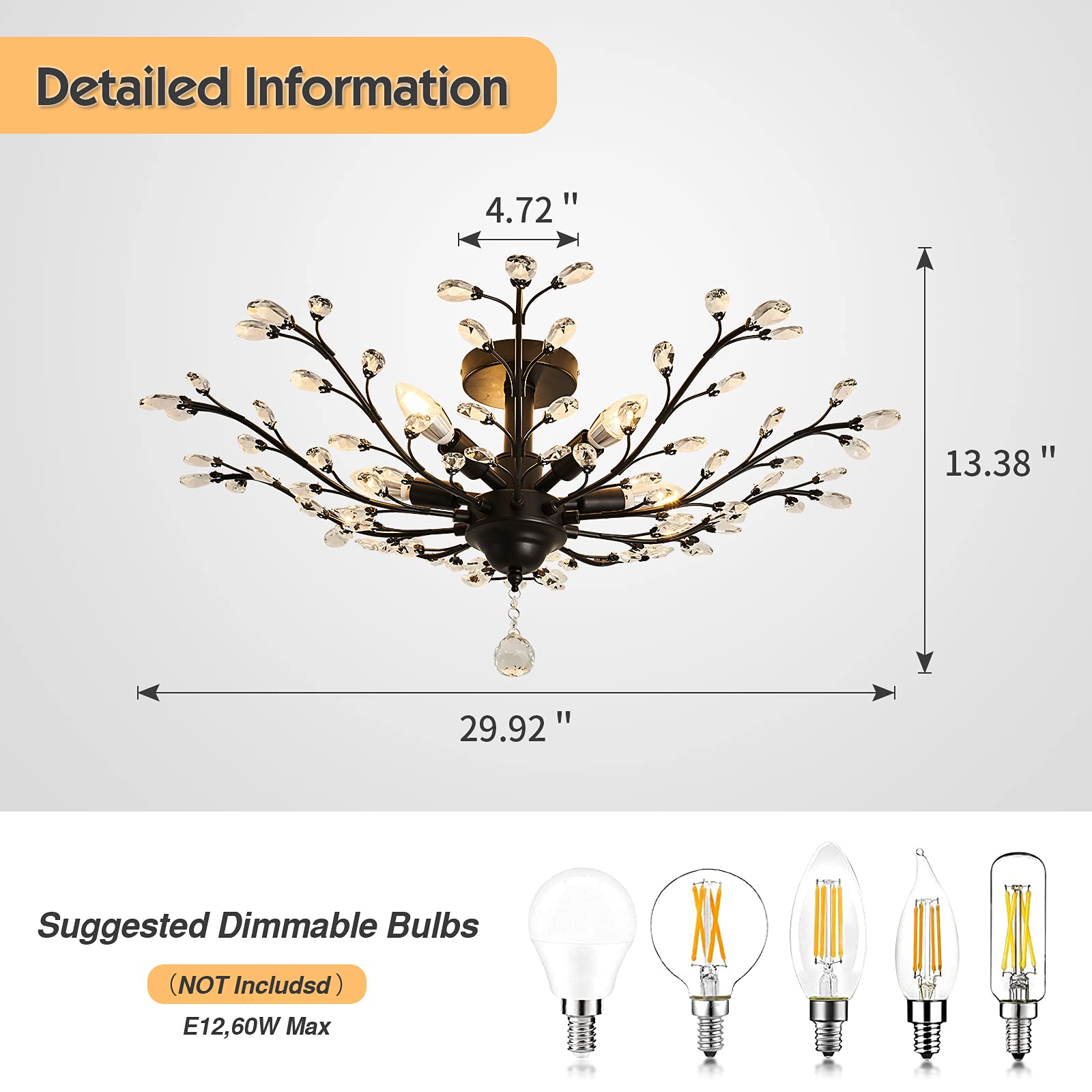 CVKASH 5-Light Vintage Crystal Chandelier Metal Semi Flush Mount 29.9 Inch Black Y-92