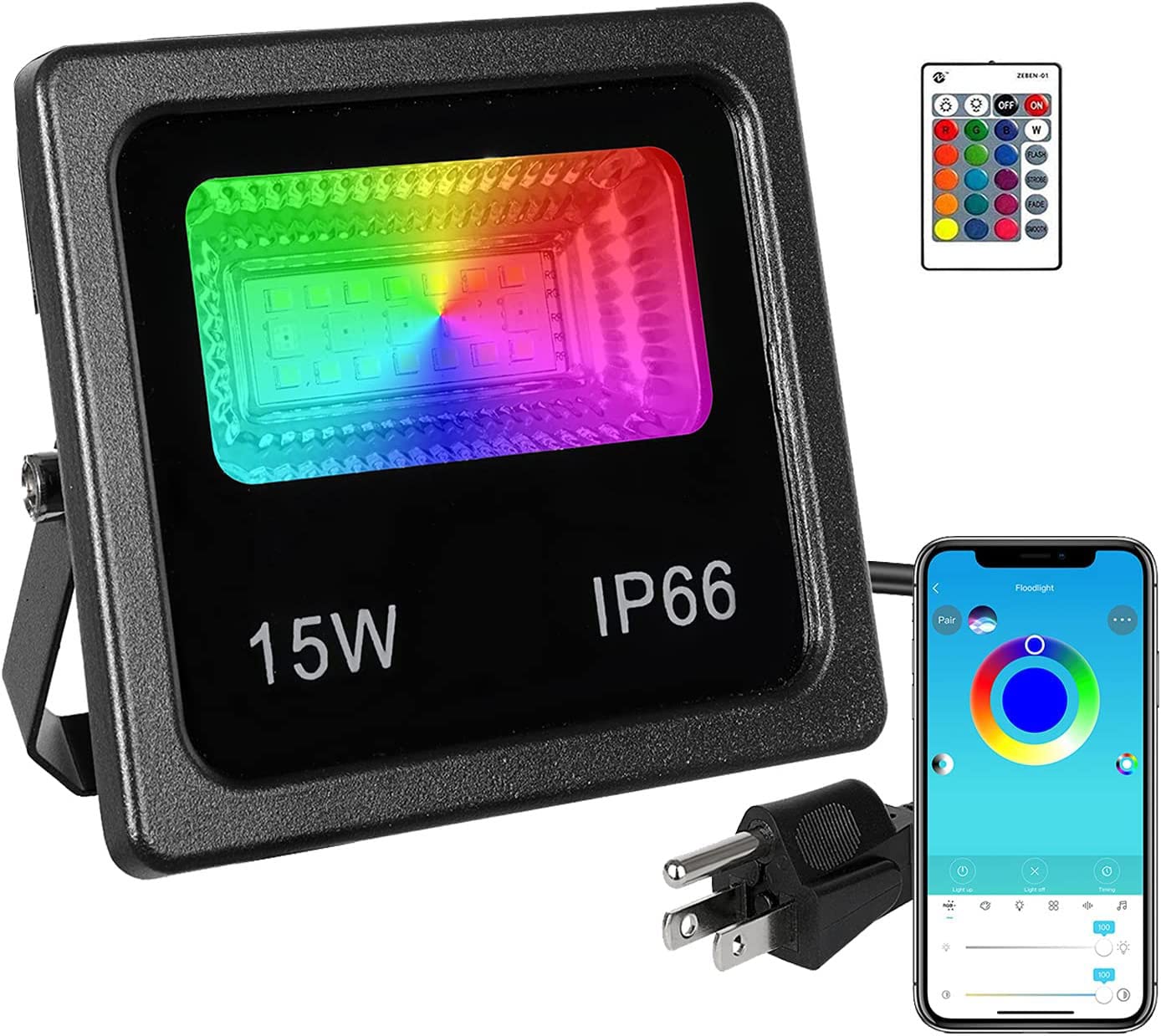 Z LED Color Changing Flood Lights, 150W Equivalent, IP66 Waterproof, Dimmable, 1 Pack, RGB Uplighting
