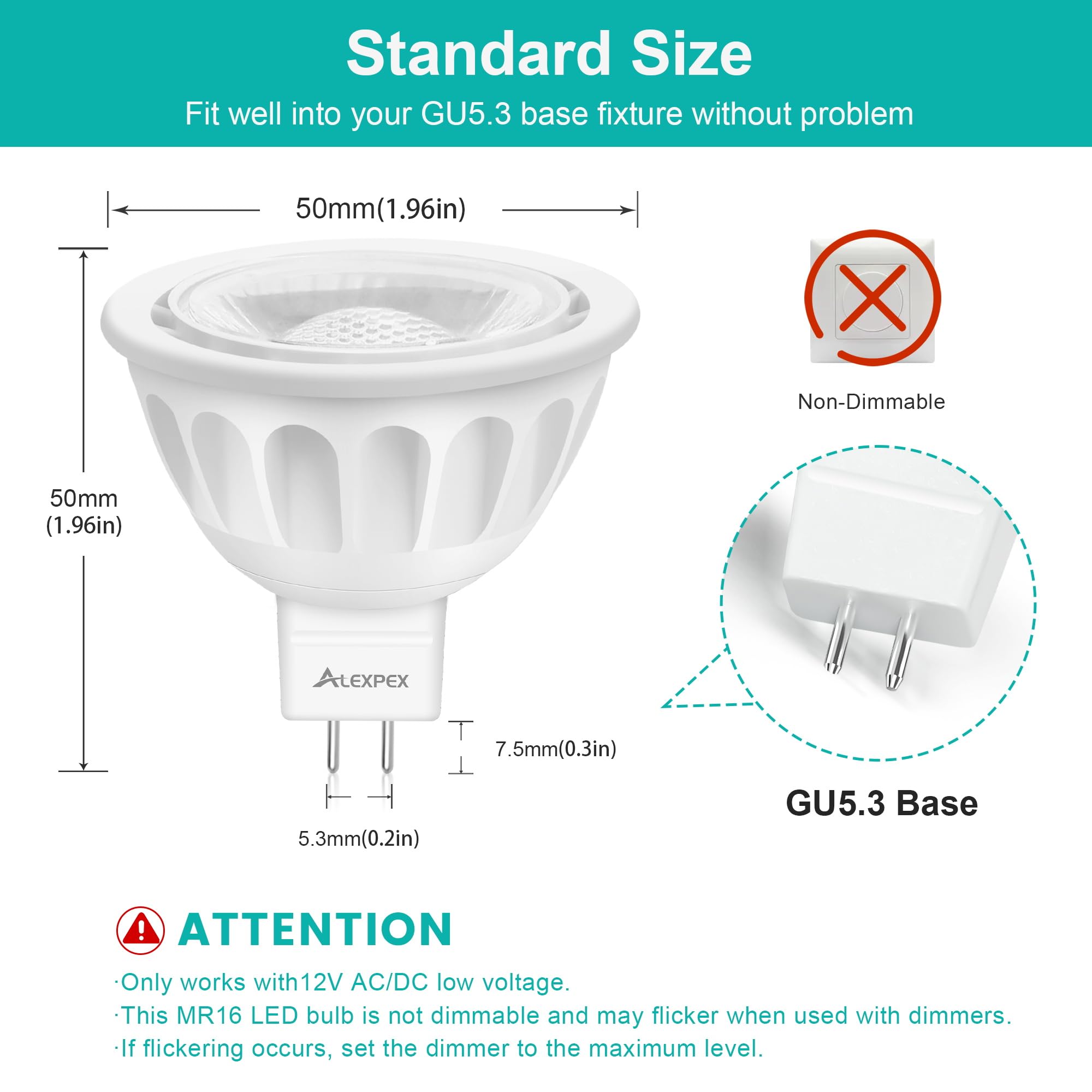 Alexpex Mr16 Led Bulbs 10 Pack, 5000K Daylight 500Lm Lights (50W Equivalent), Non-Dimmable 40-Degree Ac/Dc 12V Gu5.3 Bi-Pin Base