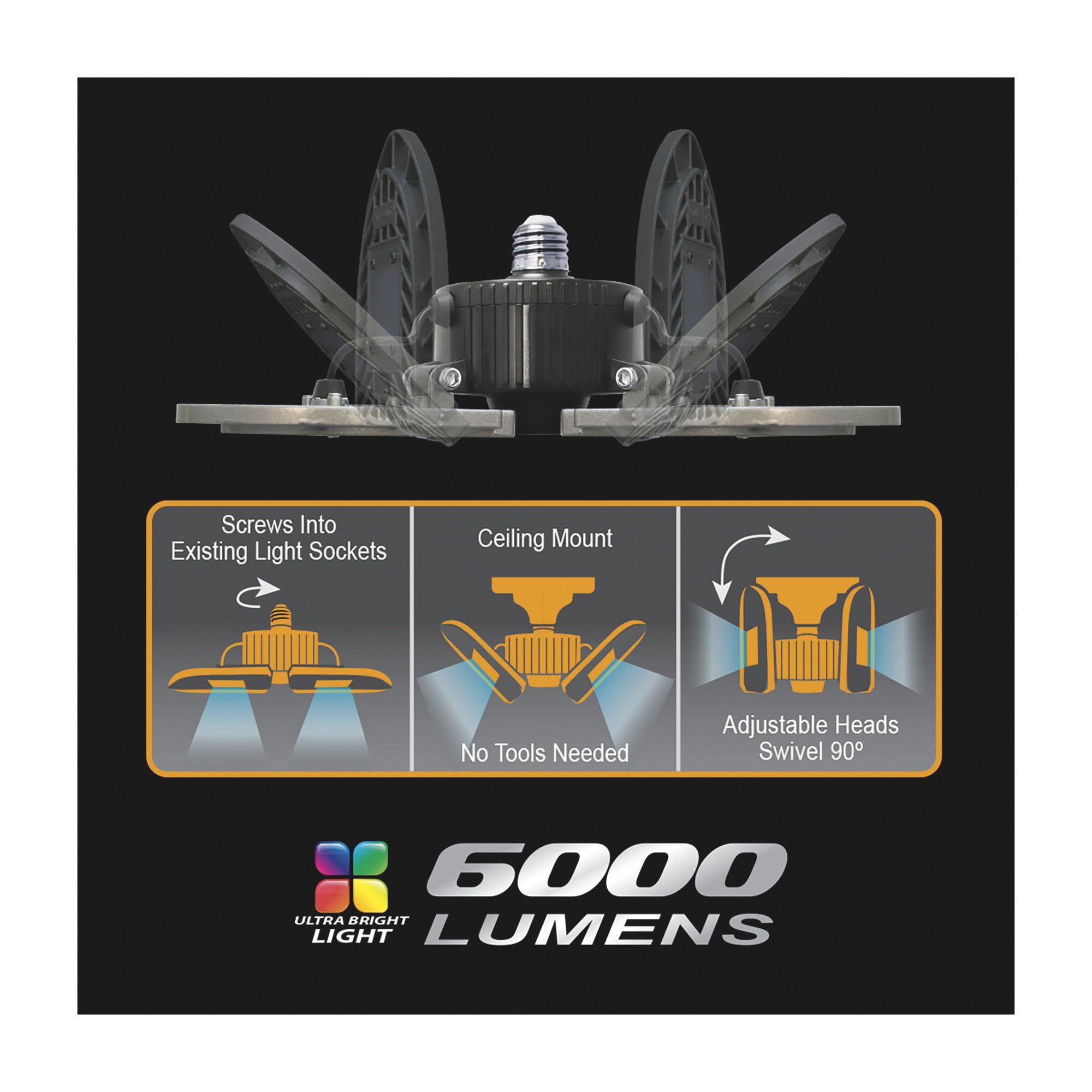 WCI FarPoint LED Garage/Ceiling Light - 6000 Lumens, Model FLFB6004, Black and Silver, Durable Plastic