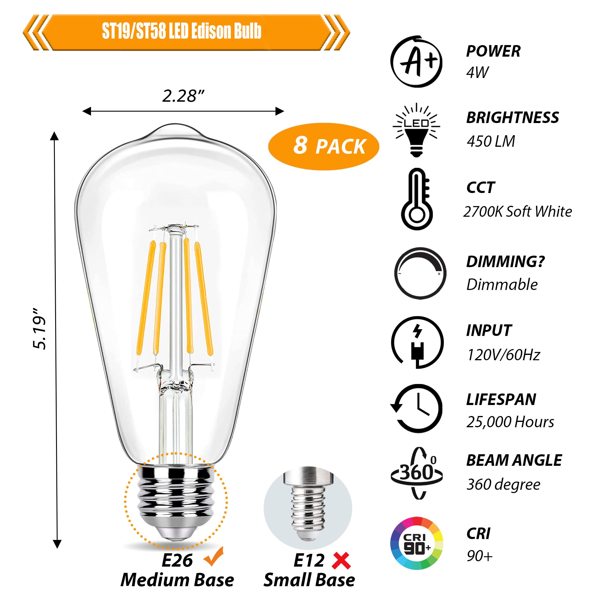 Winsaled 8 Pack Dimmable Led Edison Bulbs 40W Equivalent  St19/St58 4W Decorative Led Light Bulbs For Ceiling Lighting Fixtures  90 Cri  450Lm  E26 Base  2700K Soft White