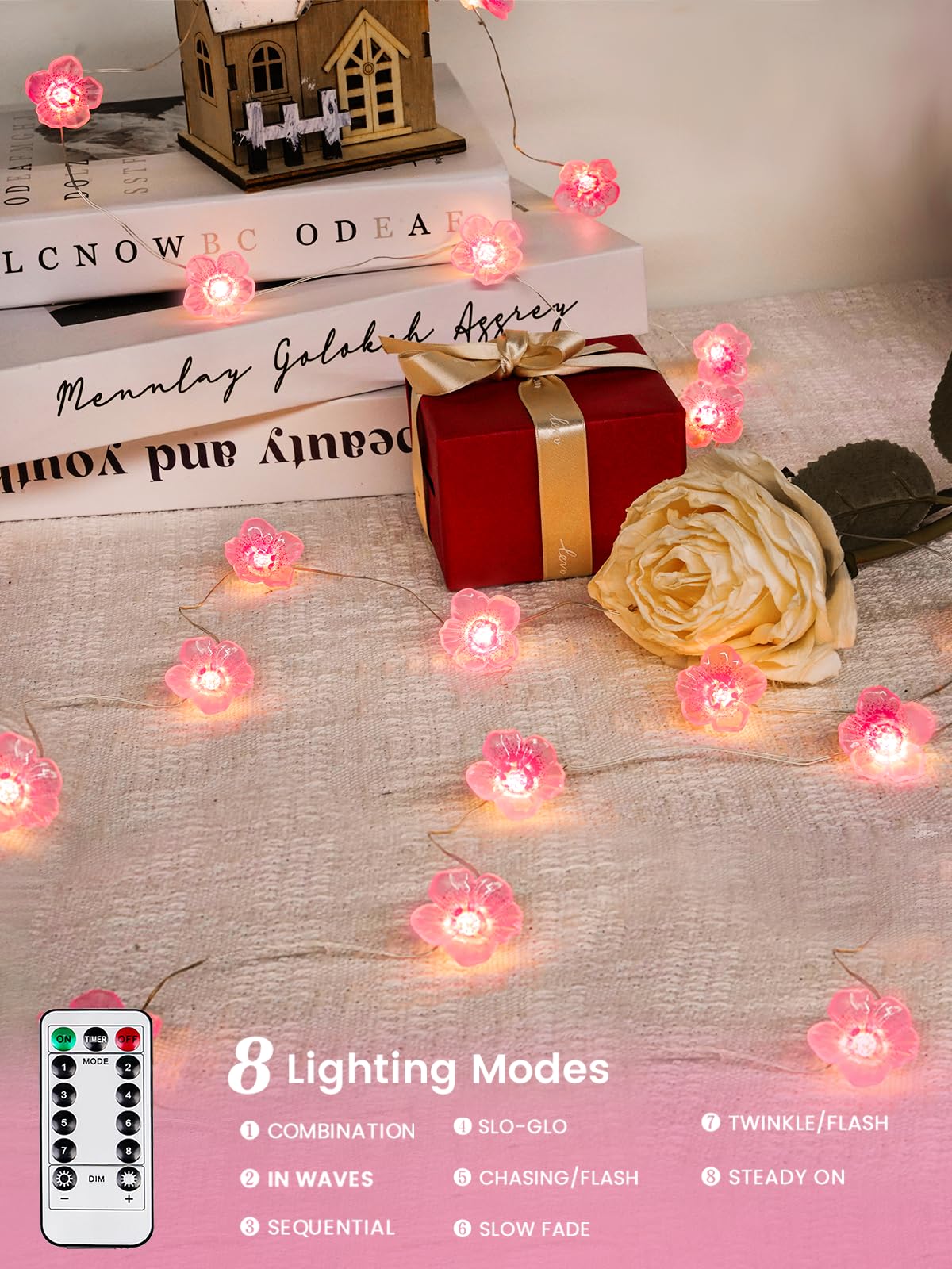 Cherry Blossom Flower String Lights For Bedroom, Pink Fairy Lights Battery Operated With Remote & 8 Modes & Timer, 10Ft 30 Led W