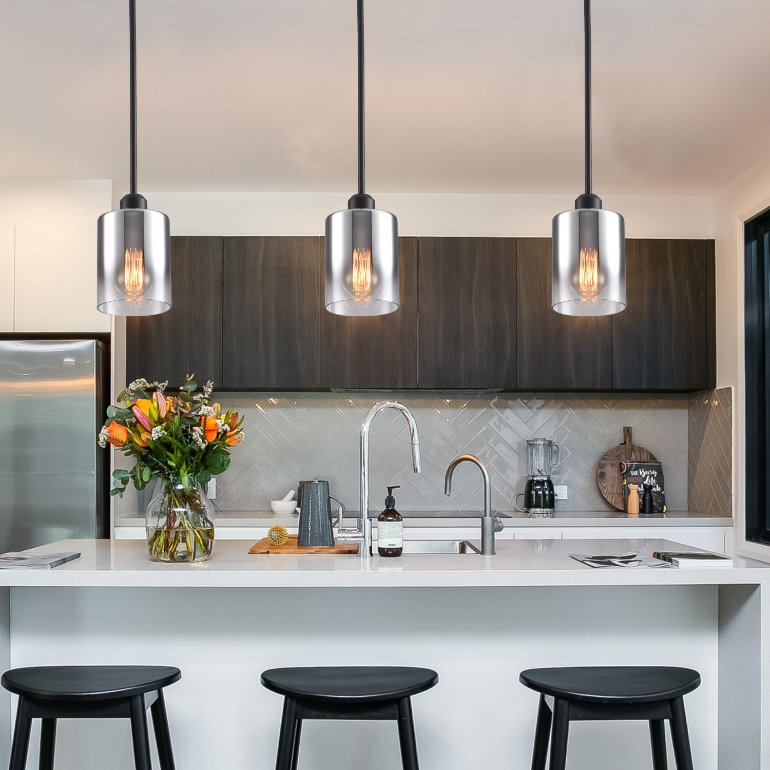 Ihengyanlt 2 Pack Pendant Light Kitchen Island Pendant Lighting  Hanging Light With Silver Gradient Glass Shade  Black Modern Indoor Hanging Lamp