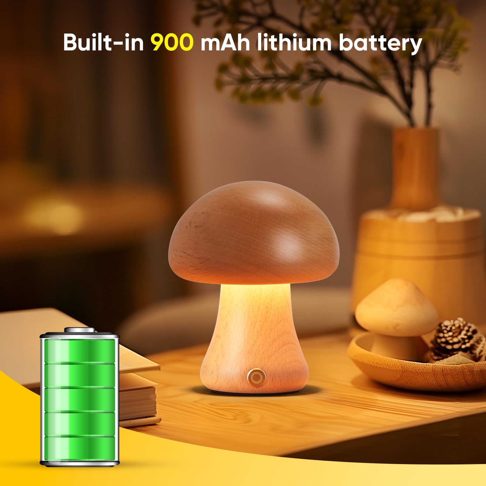 Lonrisway Creative Wood Mushroom Table Lamp, Portable Cordless Small Lamp, Rechargeable Battery Operated Lamp,Stepless Dimming,