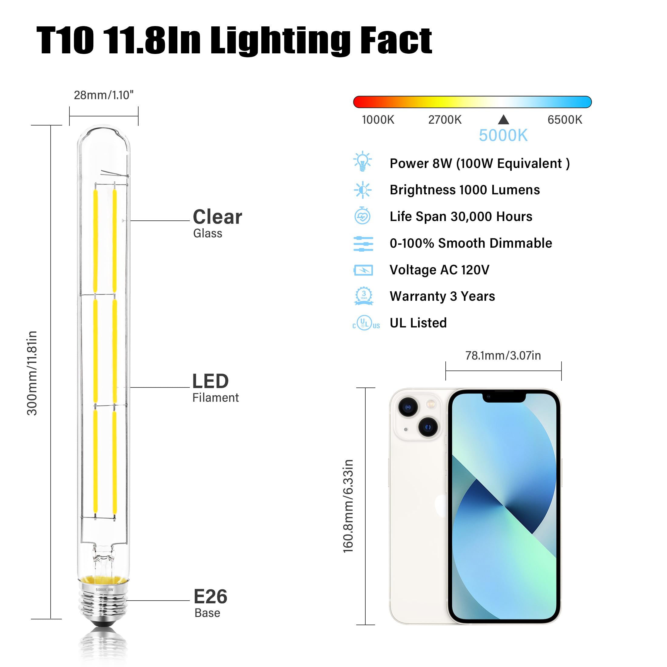 NOVELUX 11.8IN Dimmable LED Light Bulbs E26 Base 8W Vintage Clear Glass 5000K Daylight White - 2 Pack