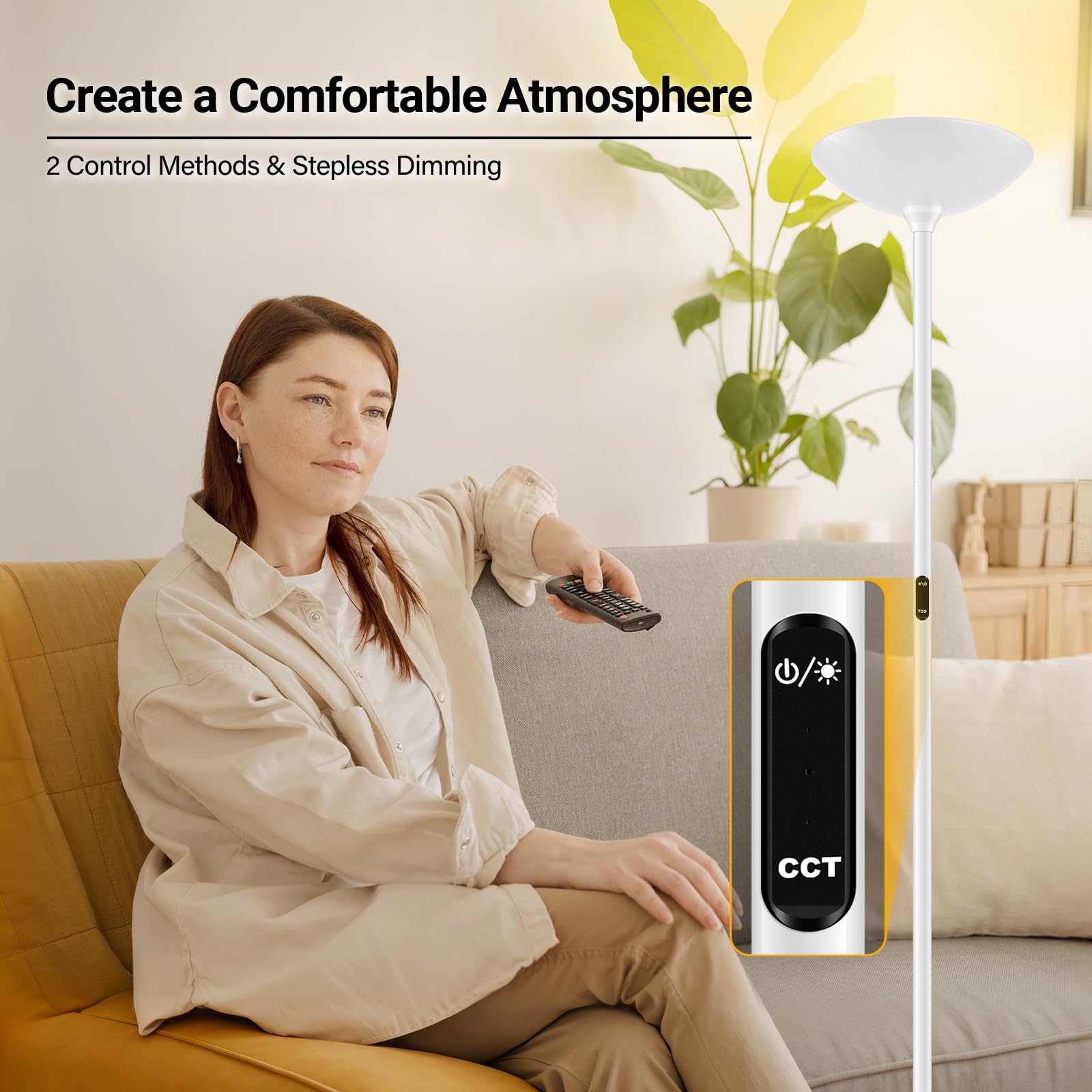 BoostArea Dimmable Floor Lamp, 30W LED Torchiere, 71" Tall, Remote & Touch Control, 2700K-6500K, White, Model B0512