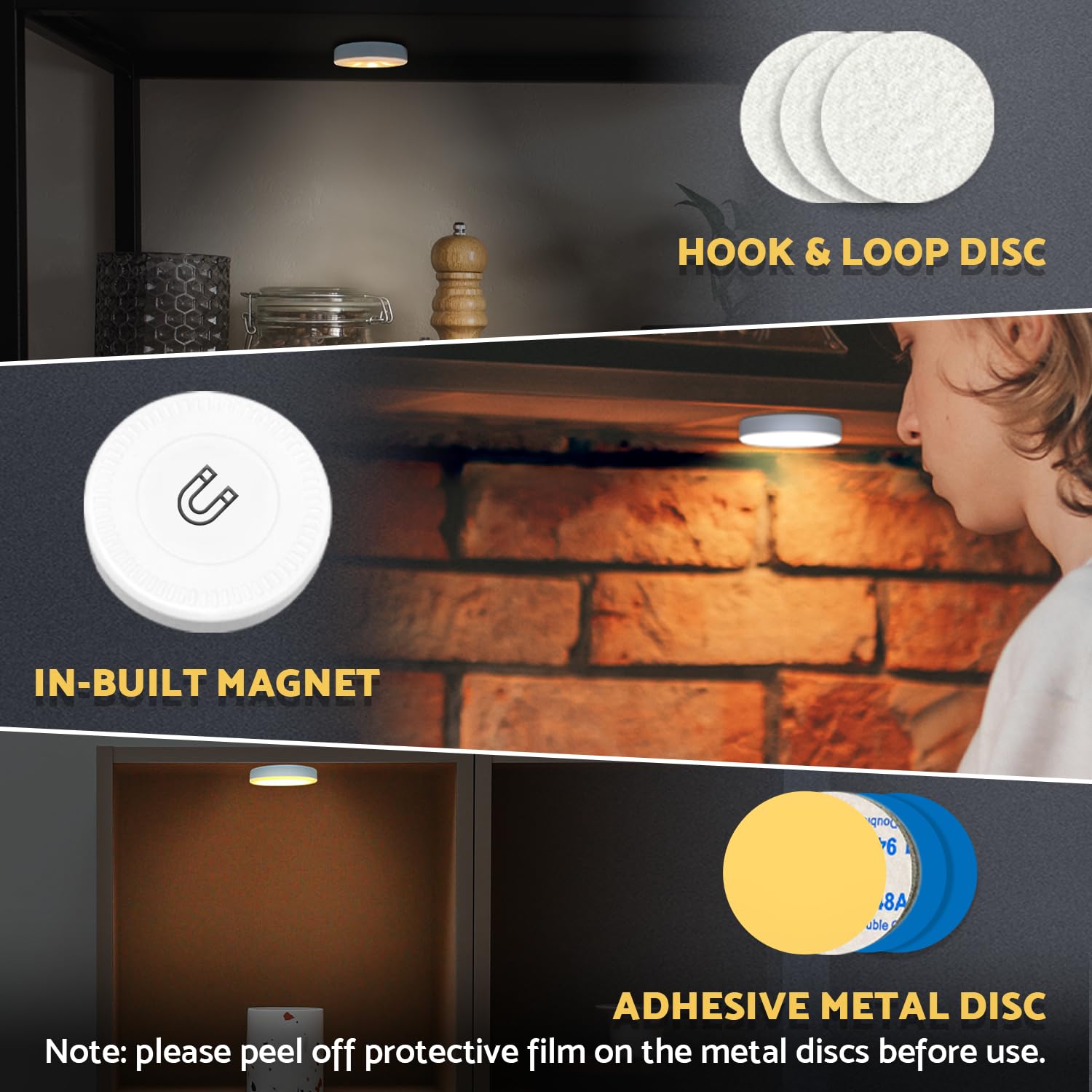 DAZZY DOT Rechargeable Puck Lights 2 Pack, Warm Yellow, Dimmable, 1000mAh Battery, Small, Magnetic Touch Light for Closet & Cabinet