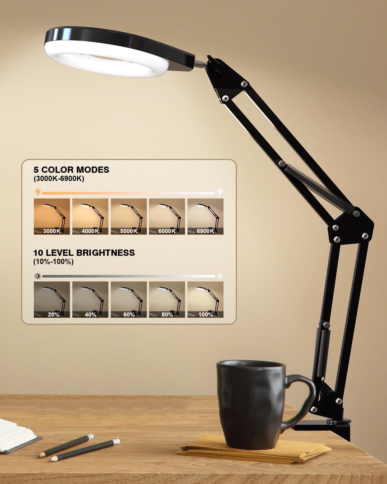 NAKOOS Magnifying Glass with Light, 10X & 5X Real Glass, Stepless Dimmable LED, Hands-Free Desk Lamp, Blue, WM-Series