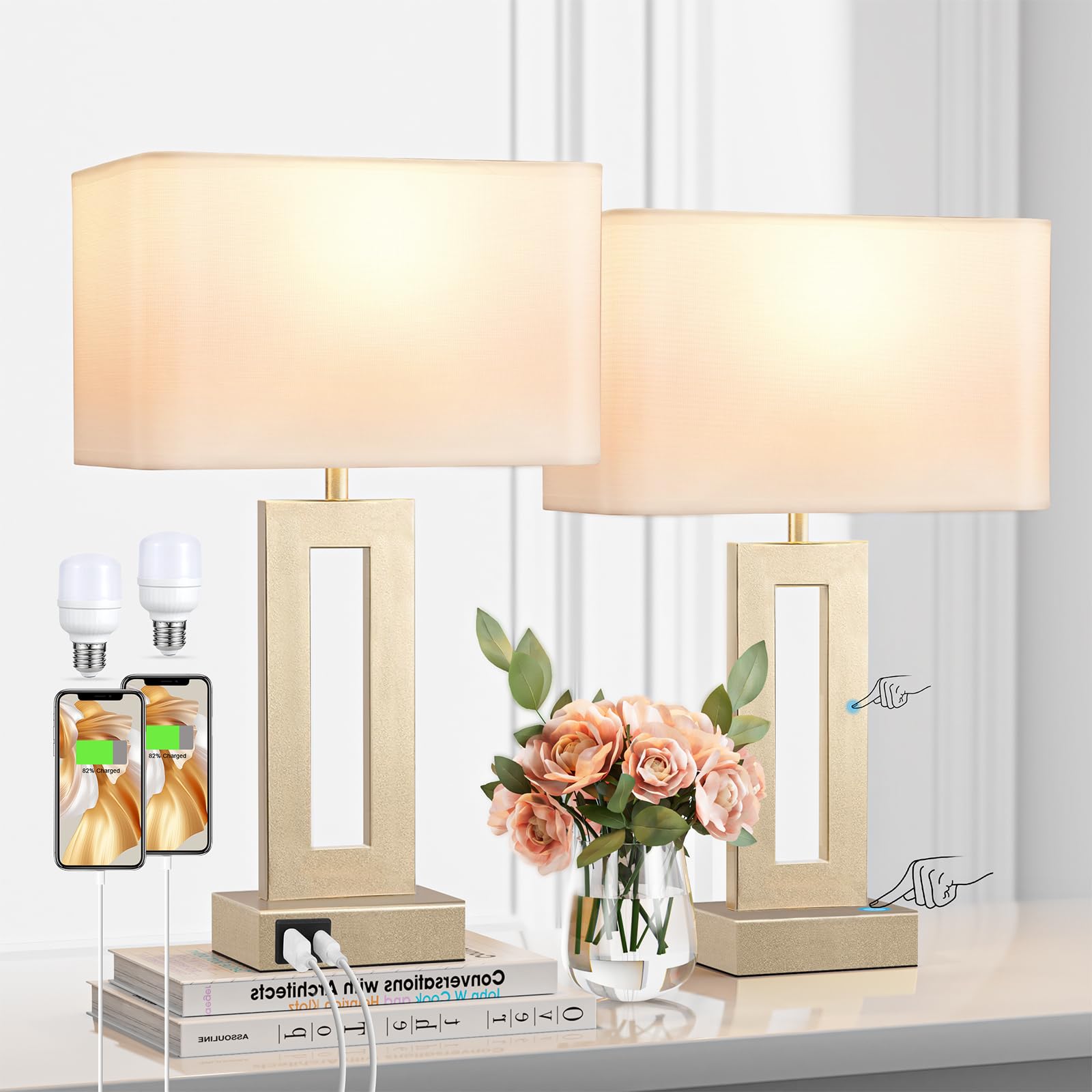 Bedroom Table Lamps Set of 2 - Touch Bedside Lamps with USB C+A, 3 Way Dimmable Gold Lamp for Nightstand, Modern Night Stands La