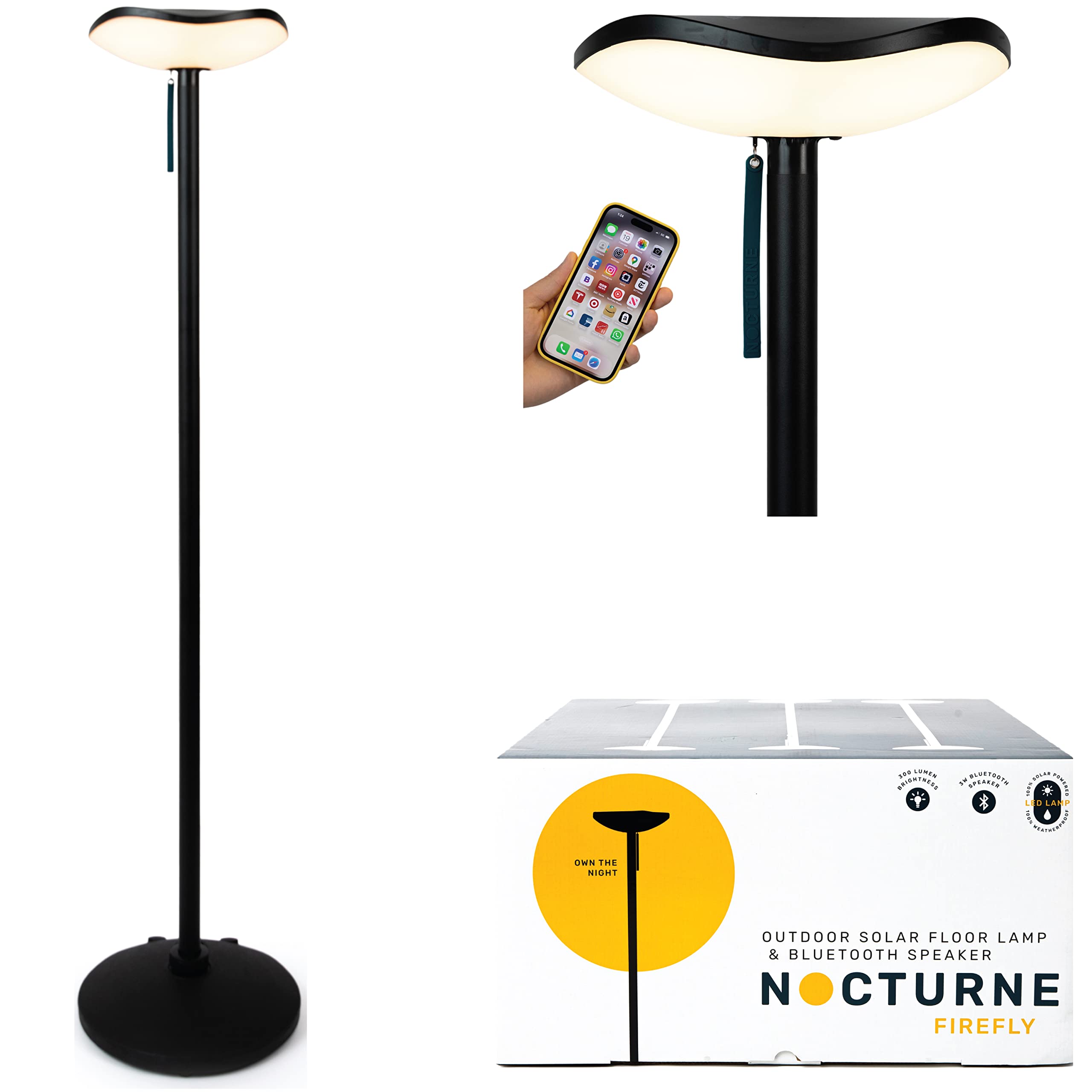 Nocturne Outdoor Solar Floor Lamp With Bluetooth Speaker | 100% Solar Powered | Fully Weatherproof | For Patios, Decks, Outdoor Spaces | Firefly 2.0 (Light + Sound)