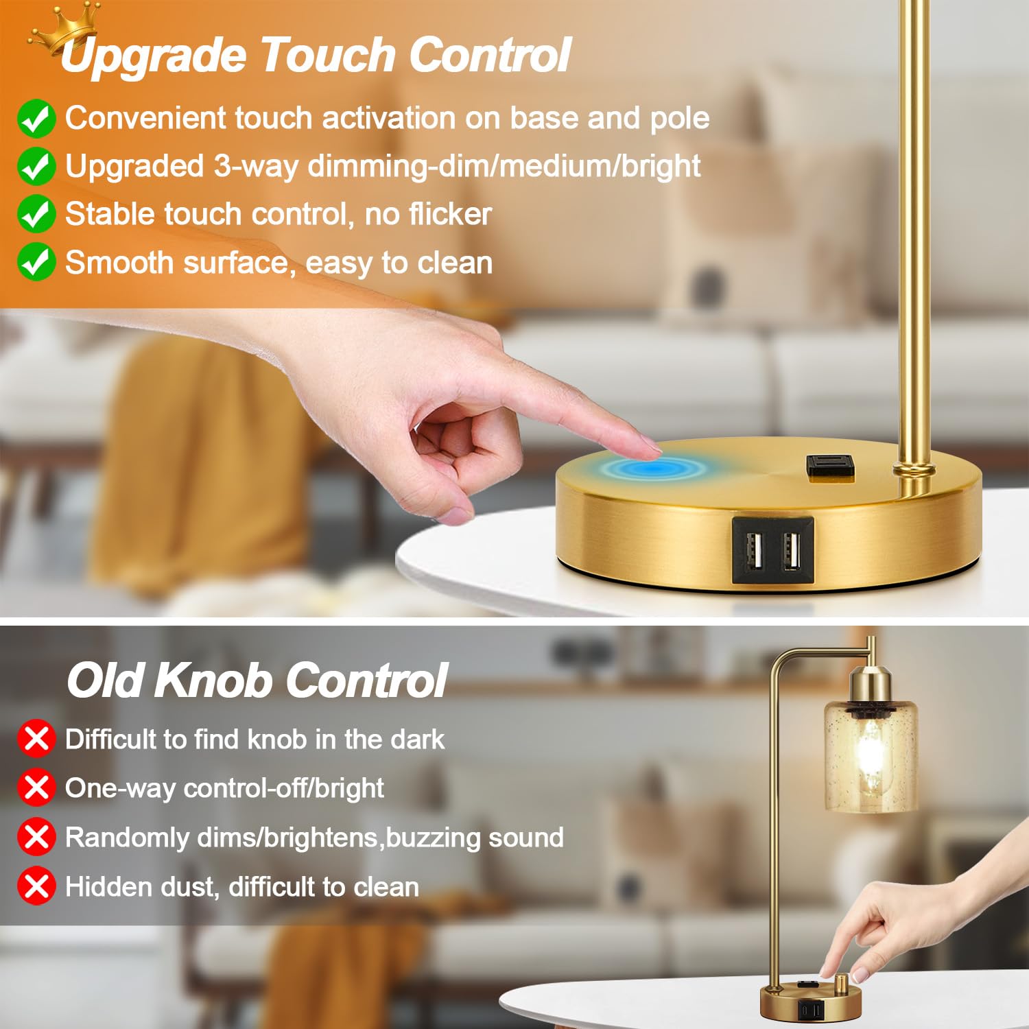 Nintiue Industrial Touch Control Table Lamps, 3-Way Dimmable, Gold, Amber Glass Shade, 2 USB Ports, AC Outlet, Set of 2, Model N202108