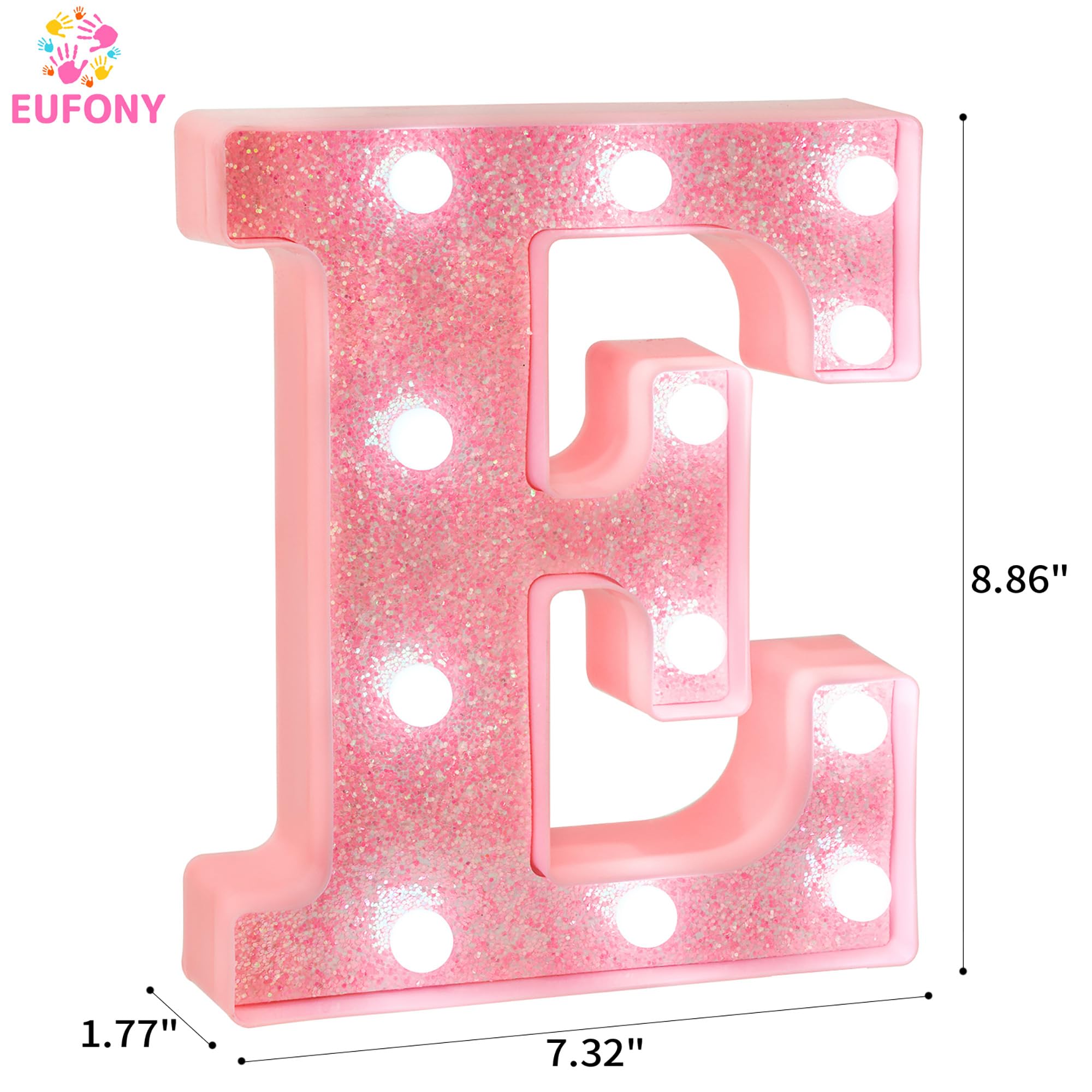 EUFONY Pink Glitter LED Marquee Light Up Letter E with Cool White Lights, Battery-Powered Alphabet Letter Sign for Girls Gift, B