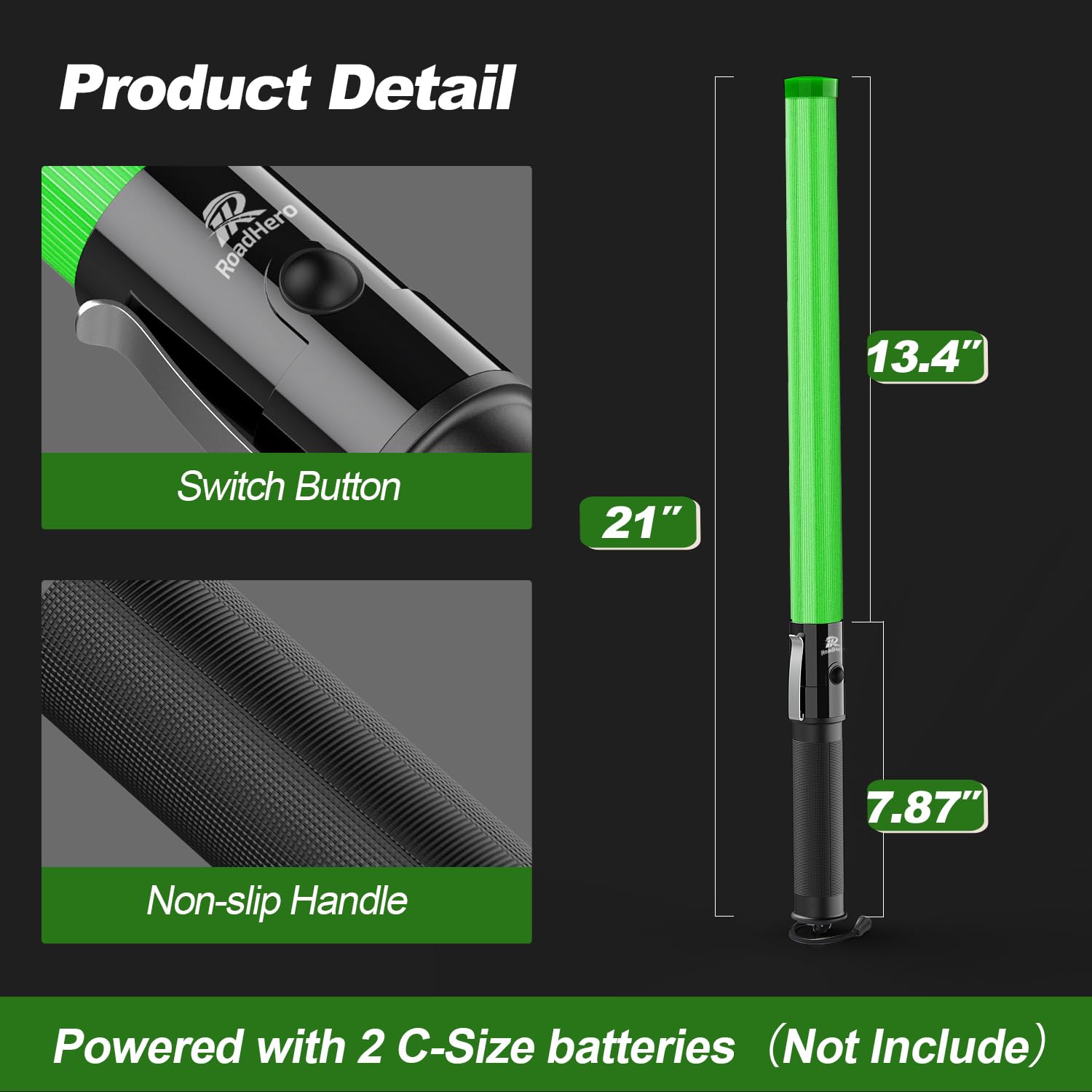 Roadhero 2 Pack 21Inch Traffic Wands, Green Led Traffic Control Baton, Night Safety Light Wand With 2 Flashing Modes, Air Marshaling Signal Wand With Side Clip For Airport, Parking, Car Directing