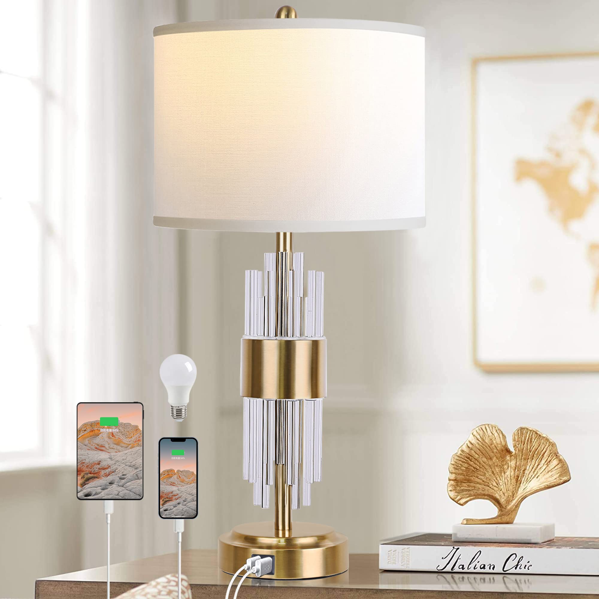 QiMH Gold Table Lamp with USB Ports, Touch Control, Modern Design, Single Pack, White Shade, Model STR-DL-0096