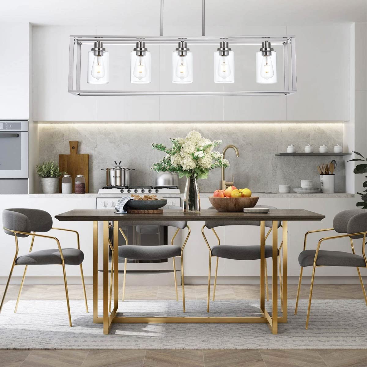 VINLUZ 5-Light Industrial Modern Chandelier, Brushed Nickel Finish, Clear Glass Shade, Pendant Lighting for Dining Room, Living Room