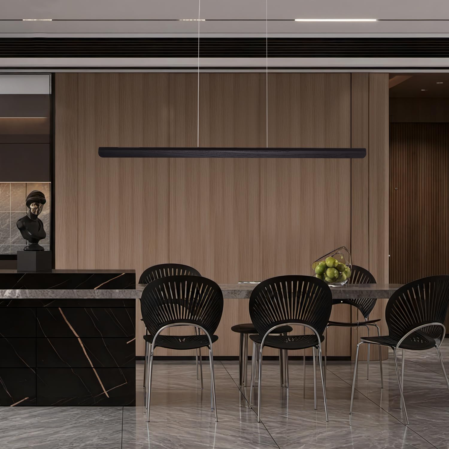 Yisdesign 55Inch Wood Led Linear Pendant Light  Dimmable Wood Ceiling Lamp Minimalist Linear Chandelier  40W Warm Light 3000K  Modern Kitchen Island Dining Room Lighting Black Adjustable Height