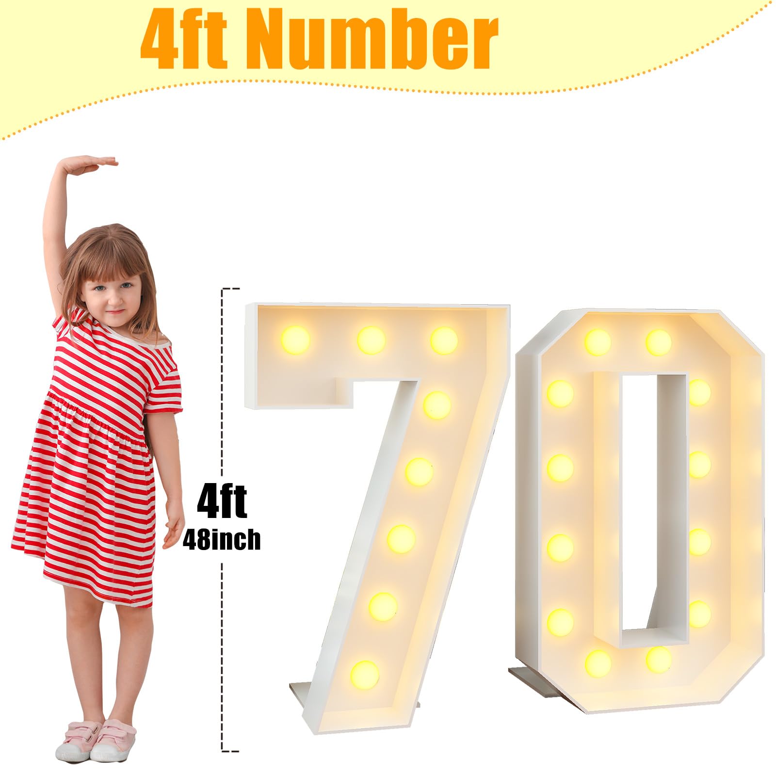 Paeyeq 4ft Light Up Numbers 70 with White Marquee Frame for 70th Birthday Decorations, Cardboard with Lights