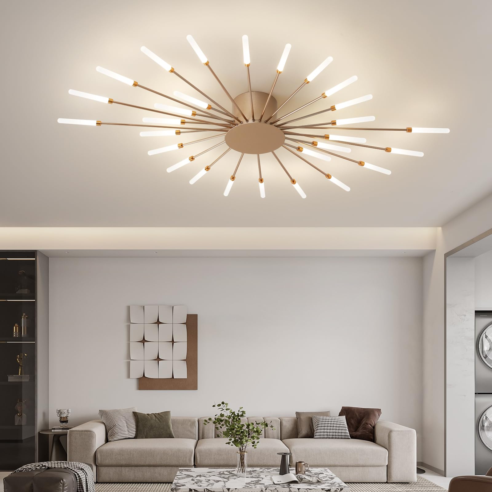 Ziidoo Modern Ceiling Light  28 Lights Metal Firework Designed Chic Led Lighting Fixture For Farmhouse Kitchen Dining Room Bedroom Hallway Living Room (Gold And Dark Gold)