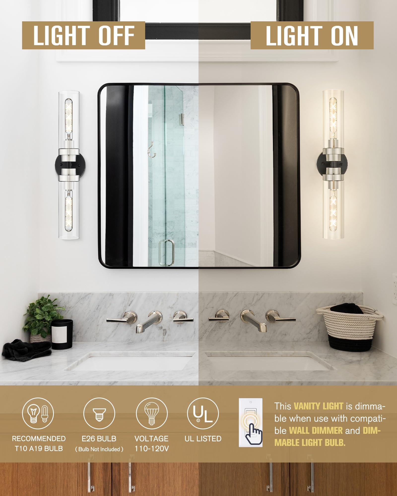 Emak 22 Inch Black And Brushed Nickel Vanity Lights For Mirror, Modern Bathroom Light Fixtures With Clear Glass Shade, 2-Light W