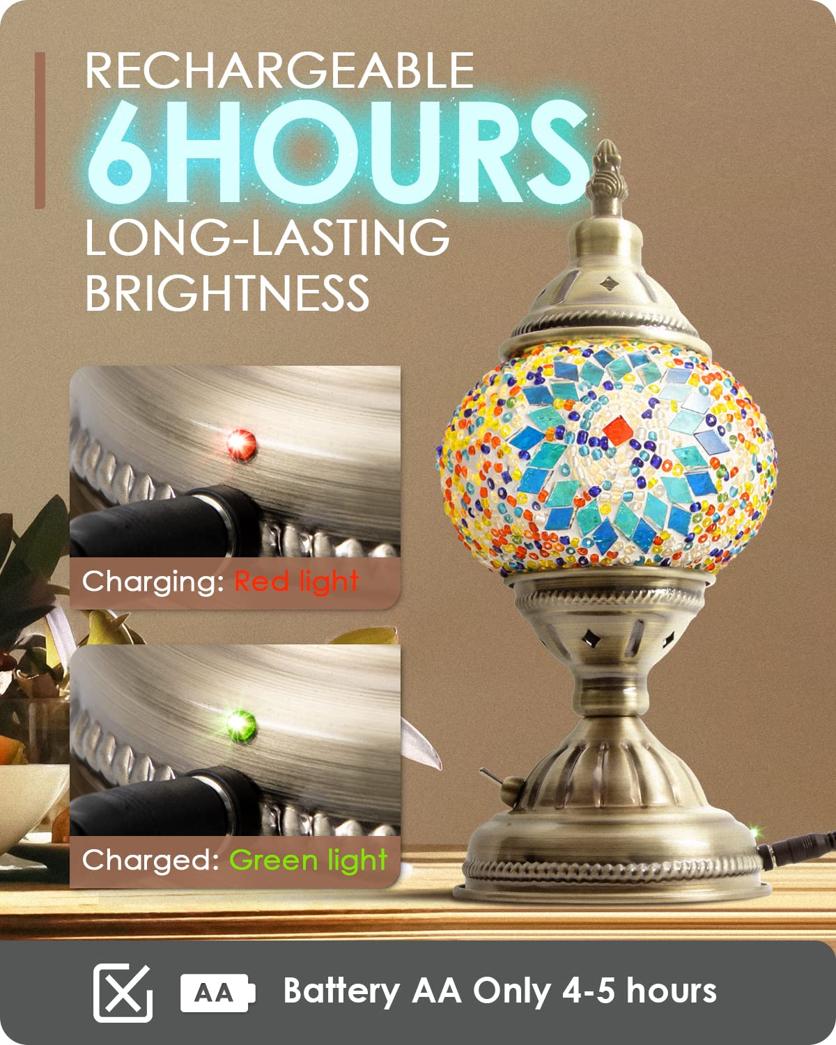 Yarra-Decor Turkish Moroccan Lamp, Handmade Mosaic Glass, Portable Bedside Light with Rechargeable Battery, Blue1