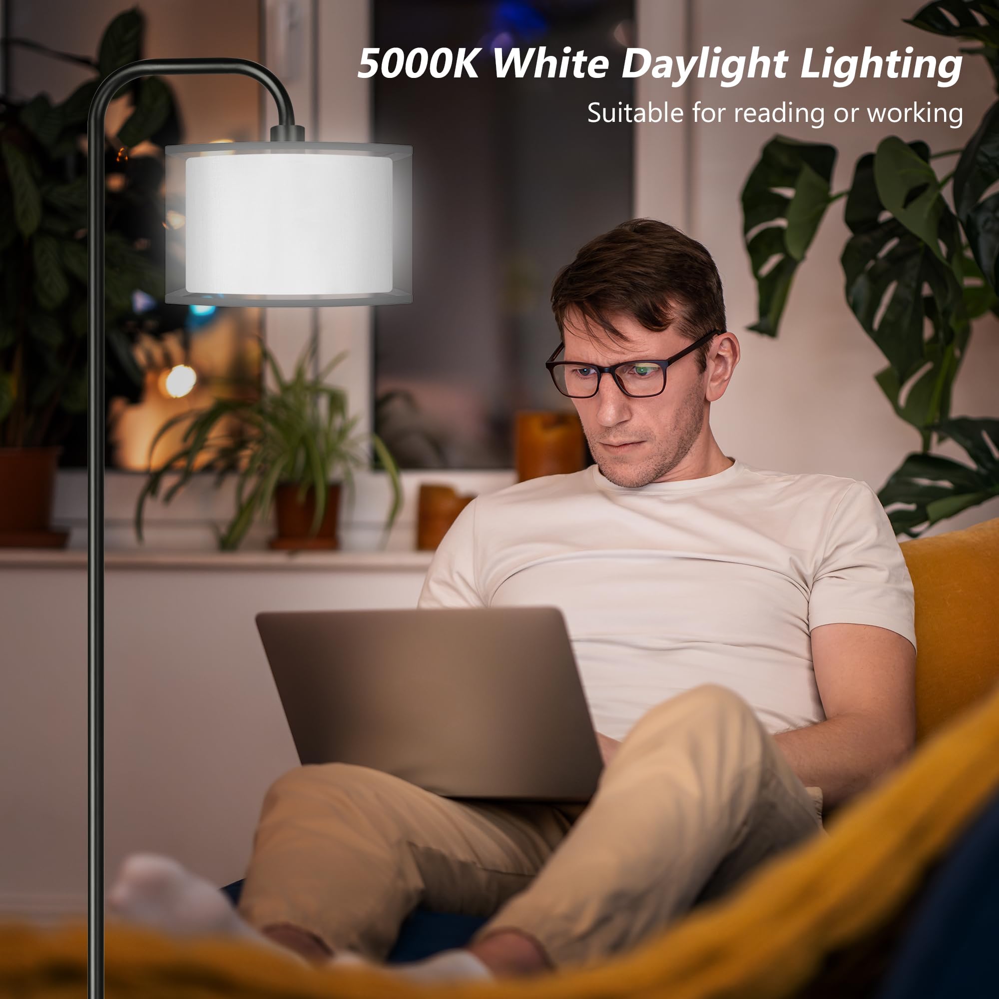 Partphoner Led Floor Lamp For Living Room, Modern Standing Lamp With Foot Switch Grey Organza Fabric Shade Tall Pole Reading Lam