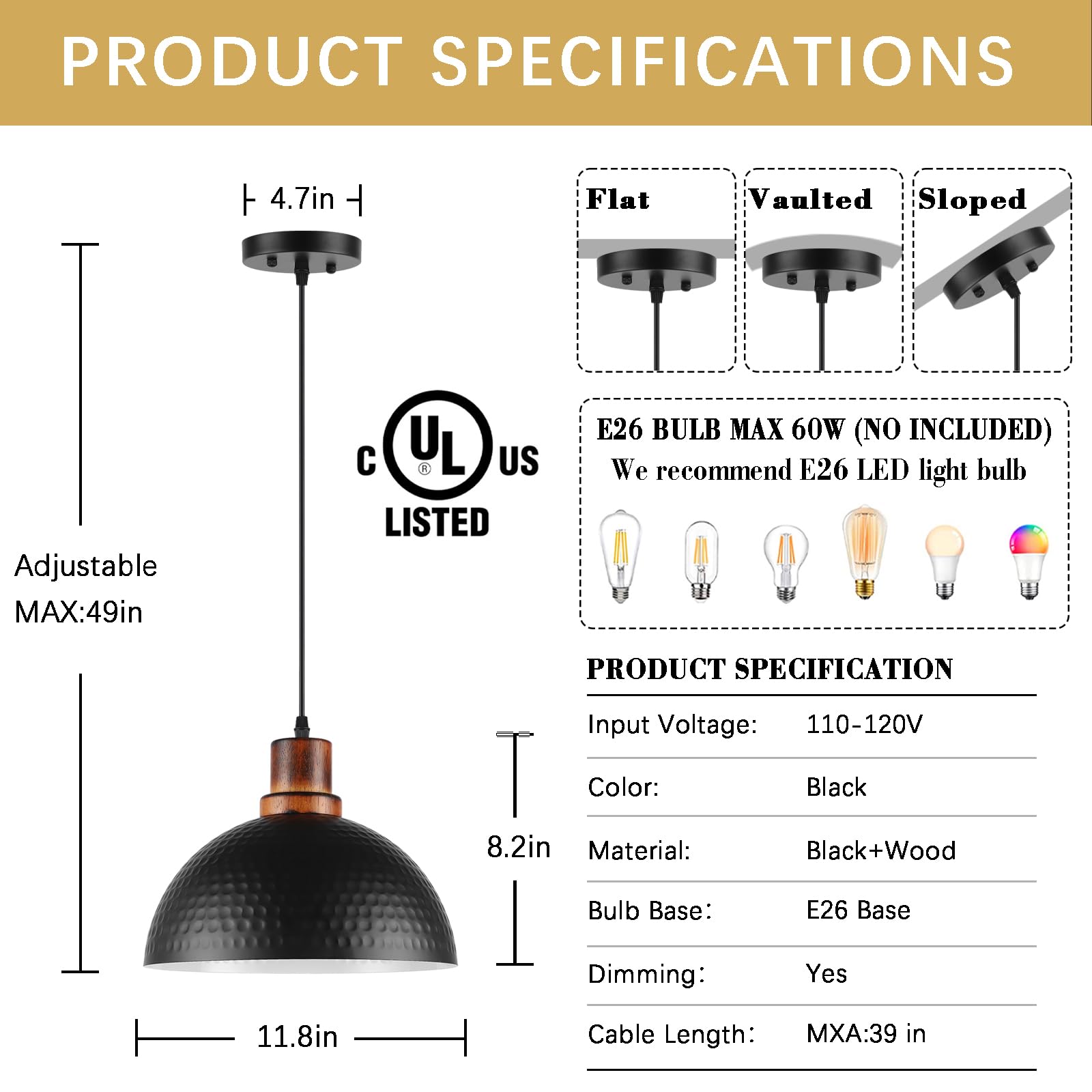 Mgcanyu Solid Wood Pendant Lights 3 Pack, 12" Matte Black Metal Fixtures for Kitchen, Dining, Living Room, Industrial Style
