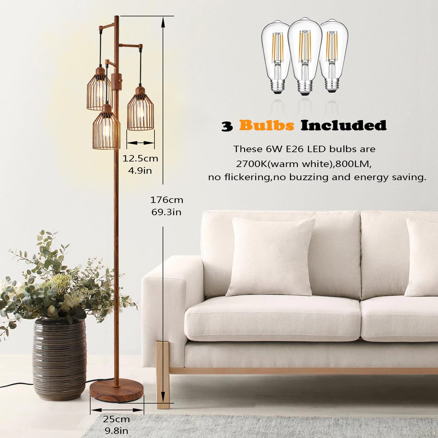 Dimmable Floor Lamp For Living Room, Farmhouse Floor Lamps With Elegant Hanging Cage, 3 X Led Edison Bulbs Included, 68.5'' Indu