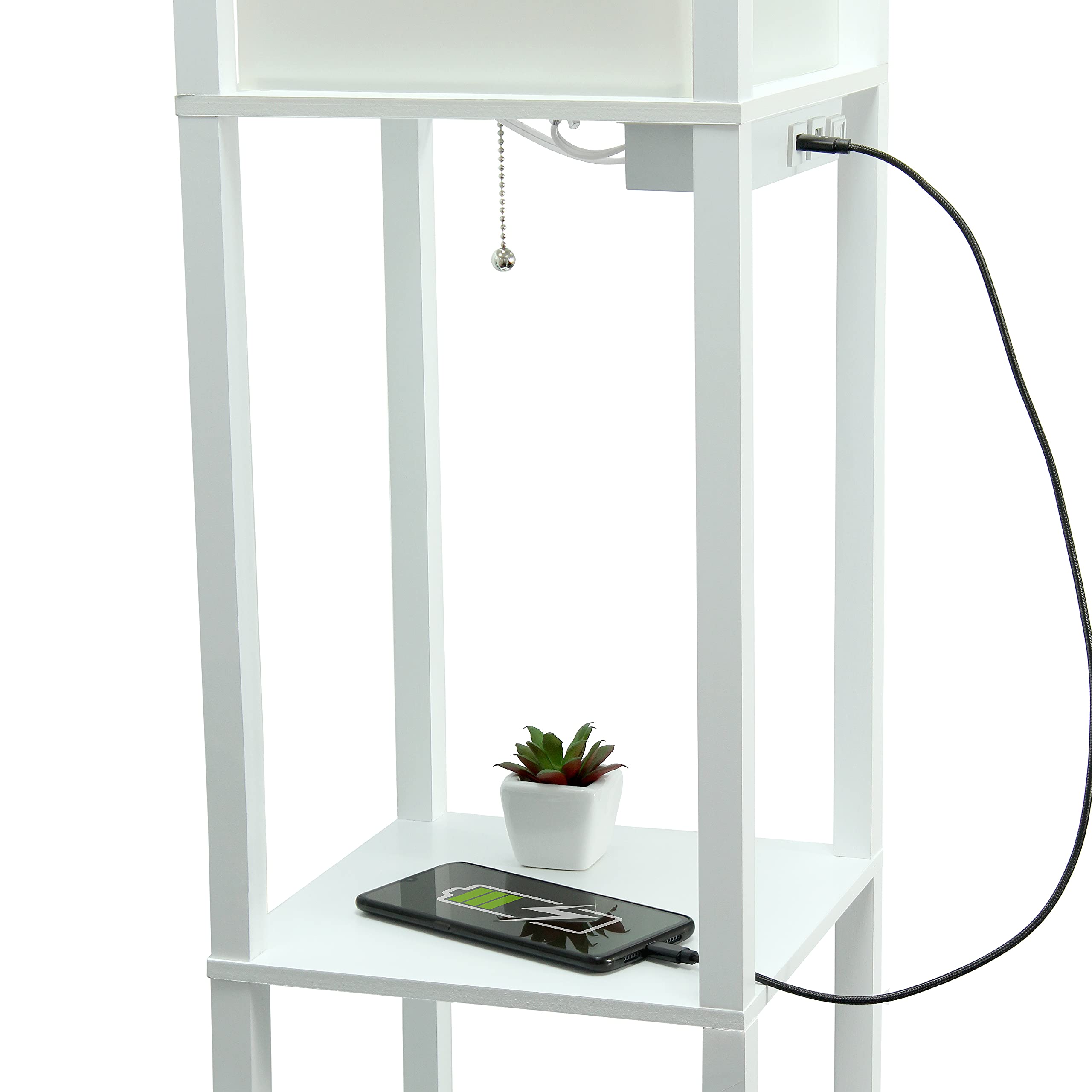 Simple Designs Lf1037-Wht-Lb Three Shelf Etagere Organizer Storage Floor Lamp With 2 Dual Usb Ports And Charging Outlet, White,