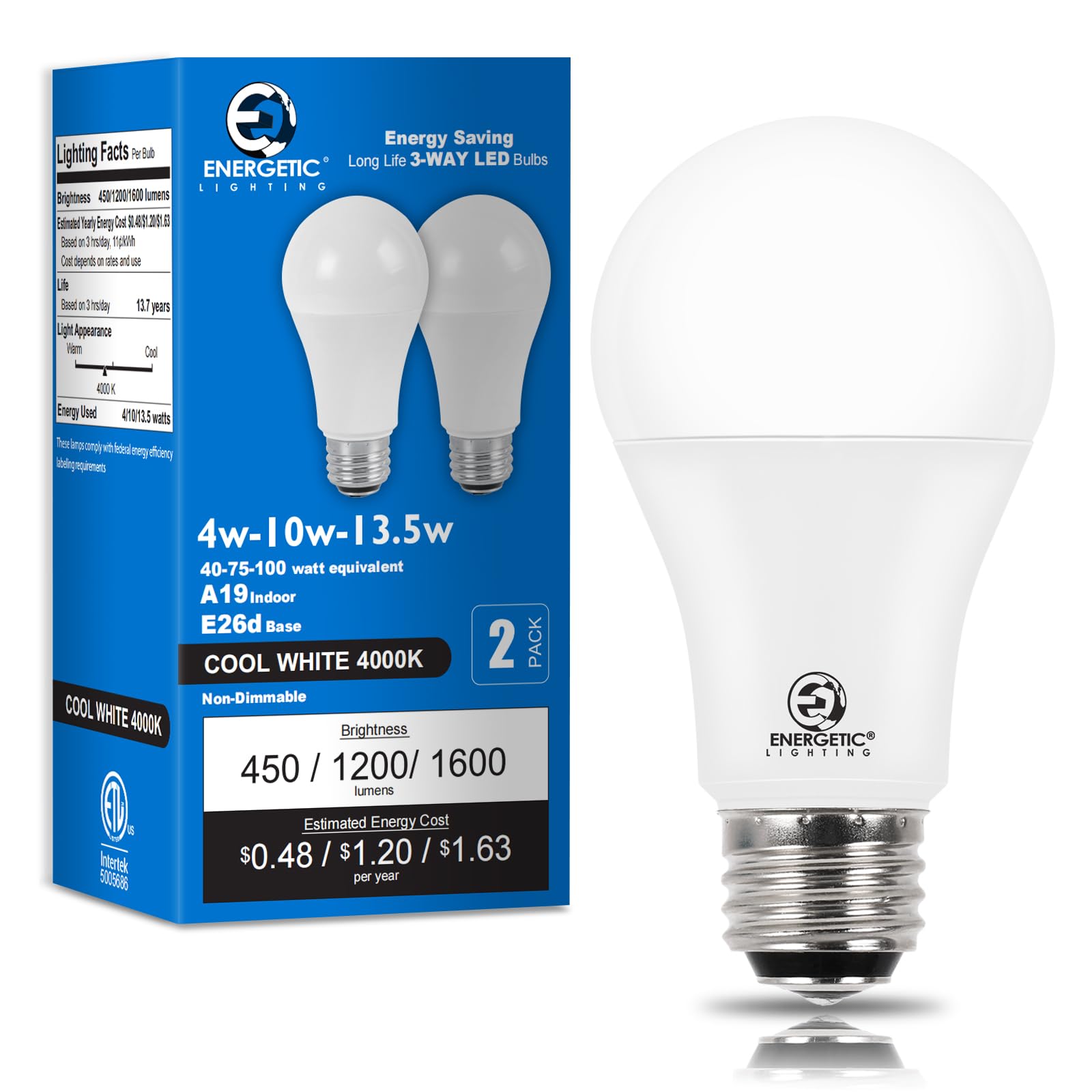 E Energetic Lighting 3 Way Led Light Bulb 40 75 100W Equivalent, Cool White 4000K A19 3 Way Light Bulbs, E26 Base, 450-1200-1600